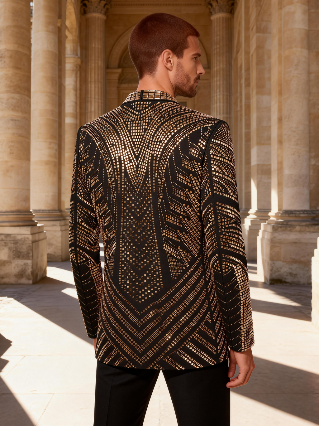 Men’s Crystal Blazer with Geometric Rhinestone Pattern – Stage & Party Statement Jacket