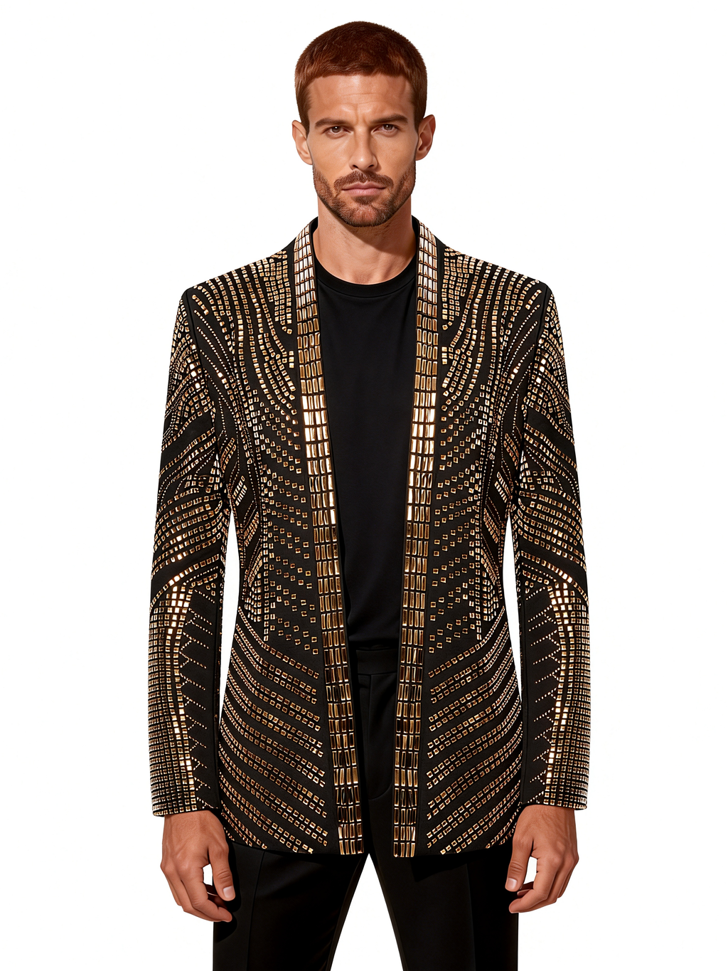 Men’s Crystal Blazer with Geometric Rhinestone Pattern – Stage & Party Statement Jacket