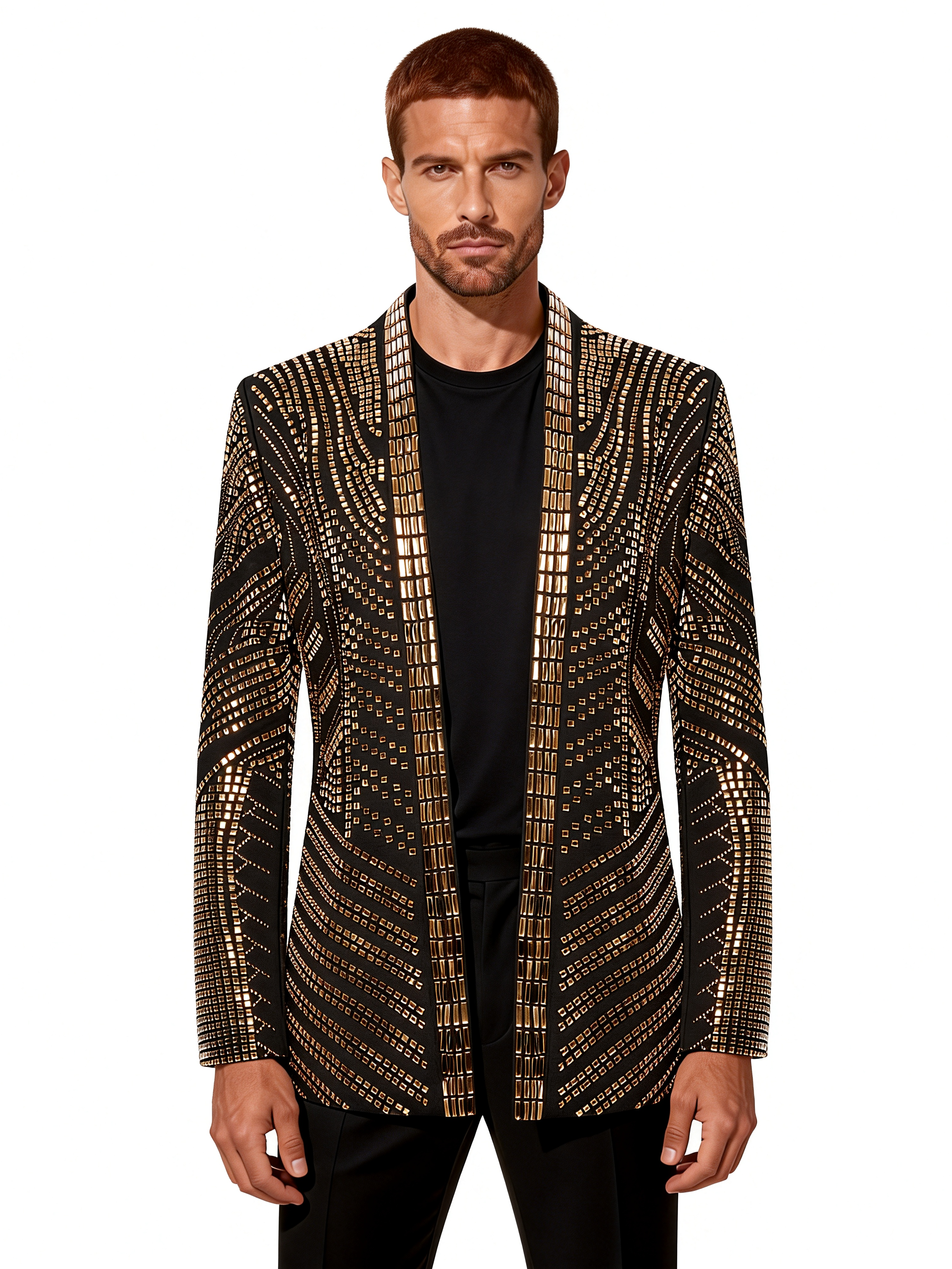 Men’s Crystal Blazer with Geometric Rhinestone Pattern – Stage & Party Statement Jacket