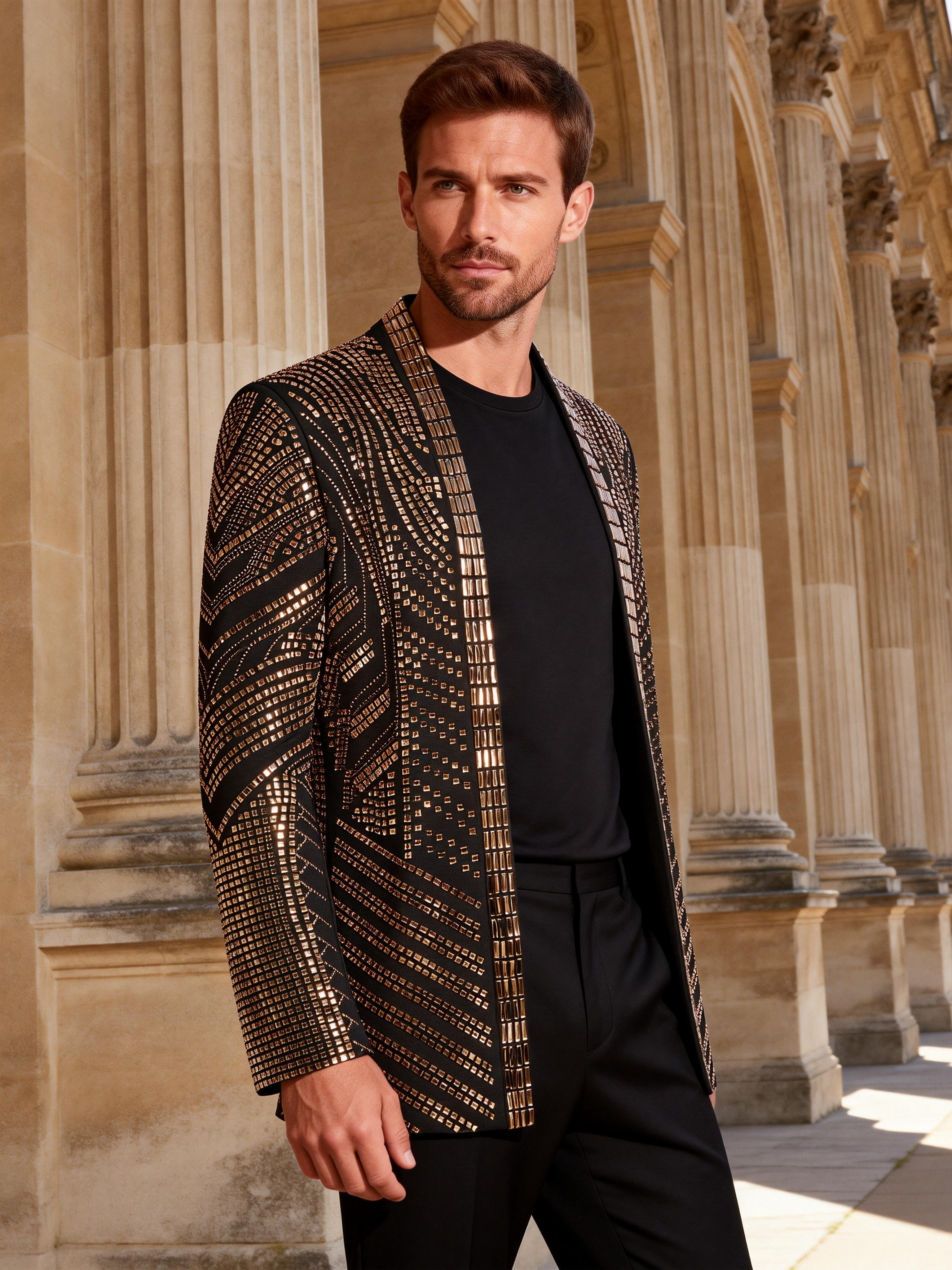 Men’s Crystal Blazer with Geometric Rhinestone Pattern – Stage & Party Statement Jacket