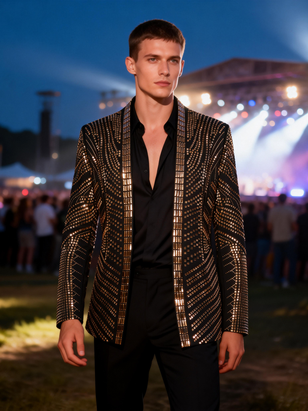 Men’s Crystal Blazer with Geometric Rhinestone Pattern – Stage & Party Statement Jacket