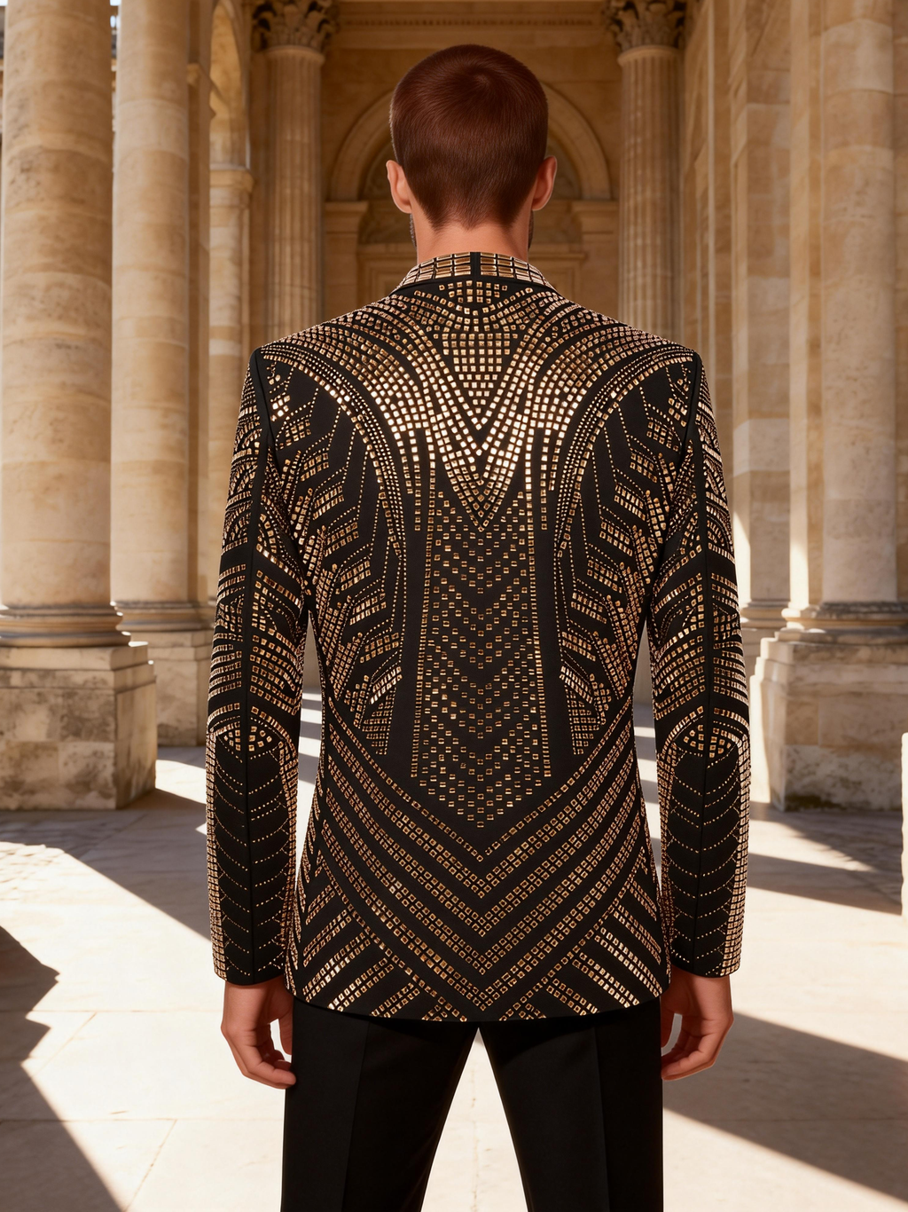 Men’s Crystal Blazer with Geometric Rhinestone Pattern – Stage & Party Statement Jacket