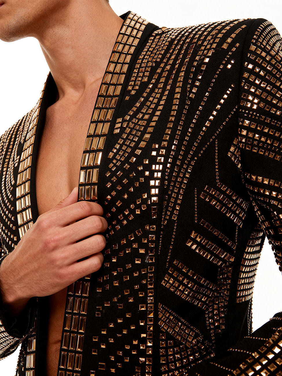 Men’s Crystal Blazer with Geometric Rhinestone Pattern – Stage & Party Statement Jacket