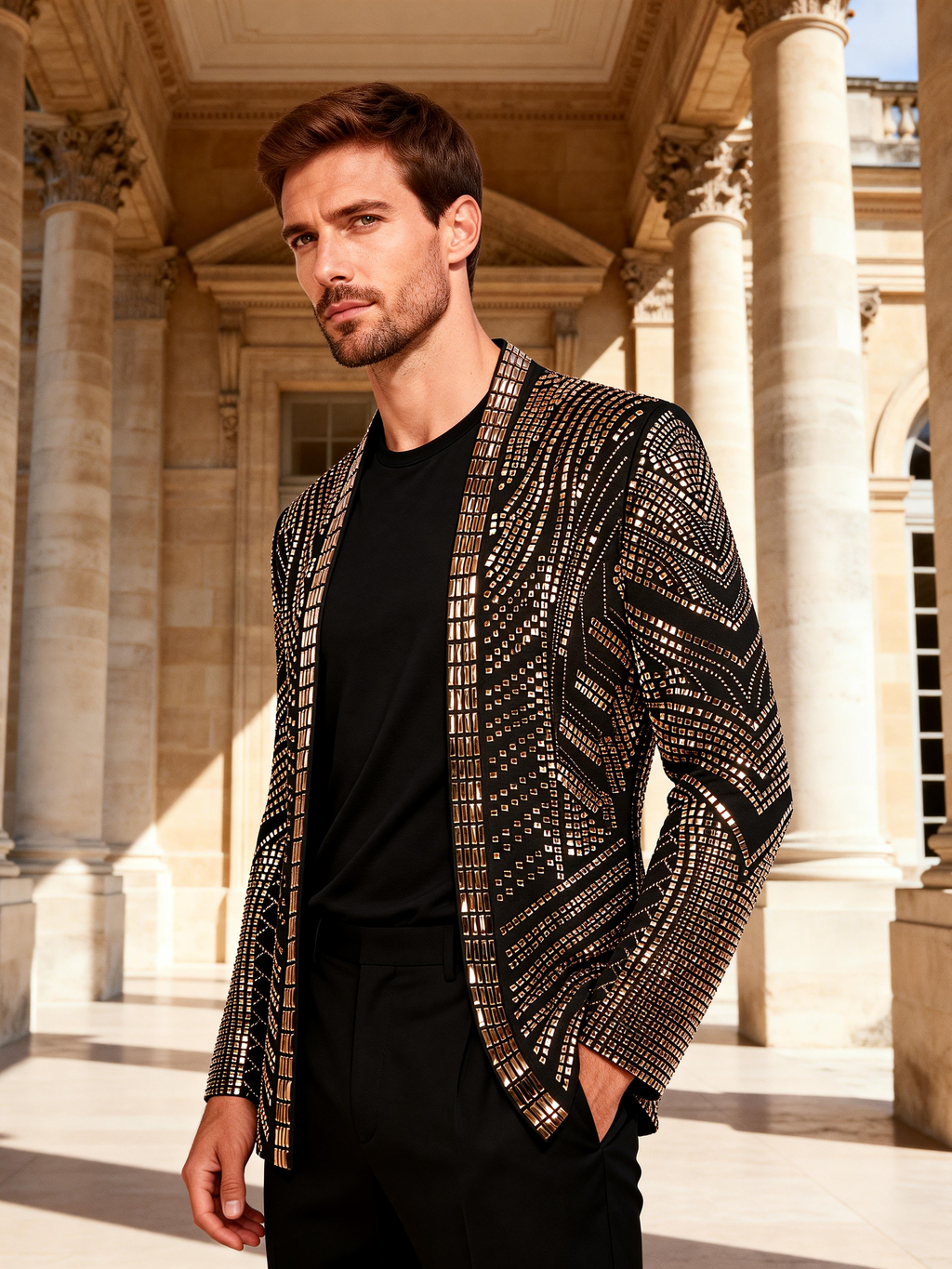 Men’s Crystal Blazer with Geometric Rhinestone Pattern – Stage & Party Statement Jacket