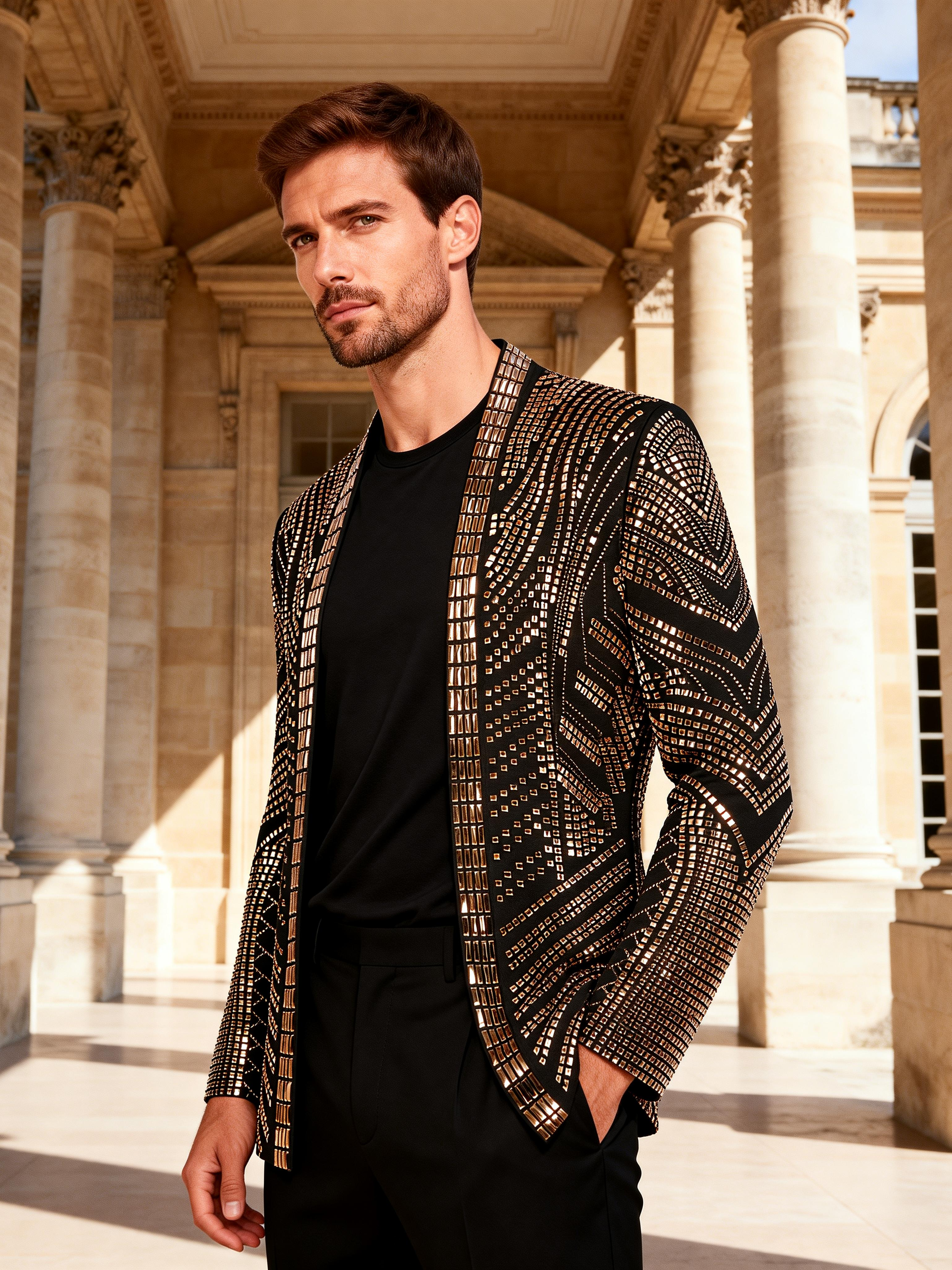 Men’s Crystal Blazer with Geometric Rhinestone Pattern – Stage & Party Statement Jacket