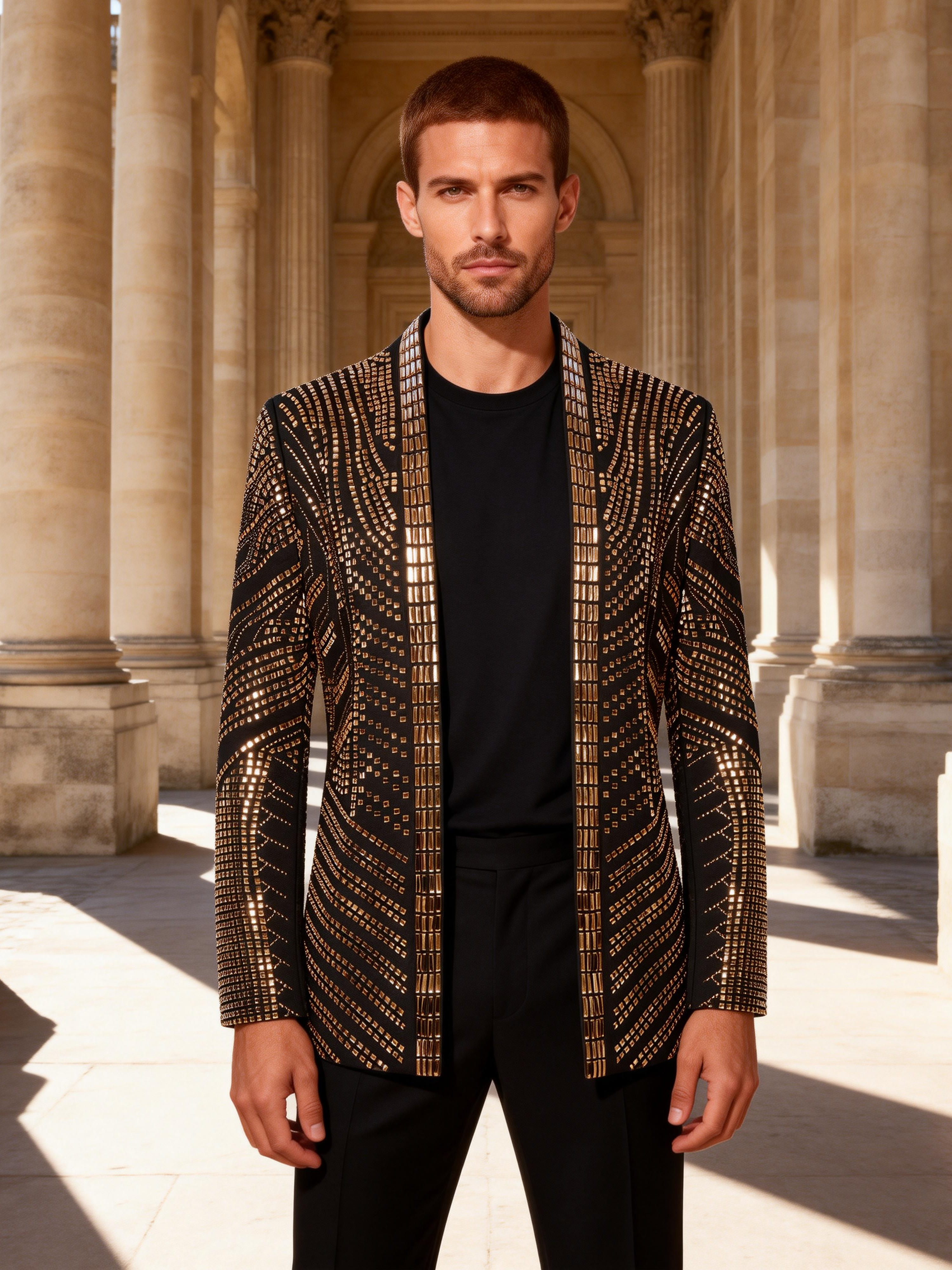 Men’s Crystal Blazer with Geometric Rhinestone Pattern – Stage & Party Statement Jacket
