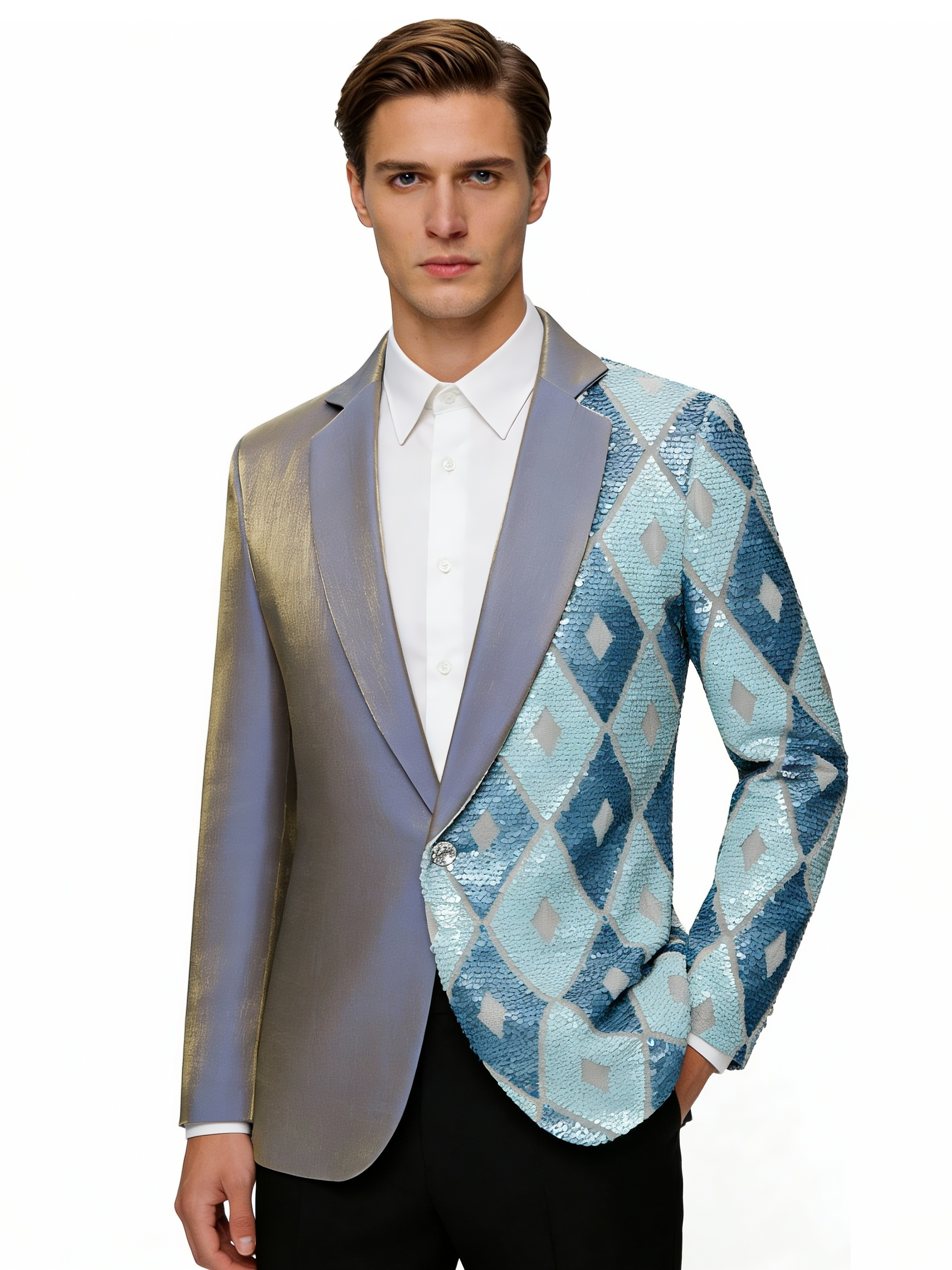 Men’s Asymmetrical Sequin Blazer – Luxury Geometric Statement Jacket for Stage & Events