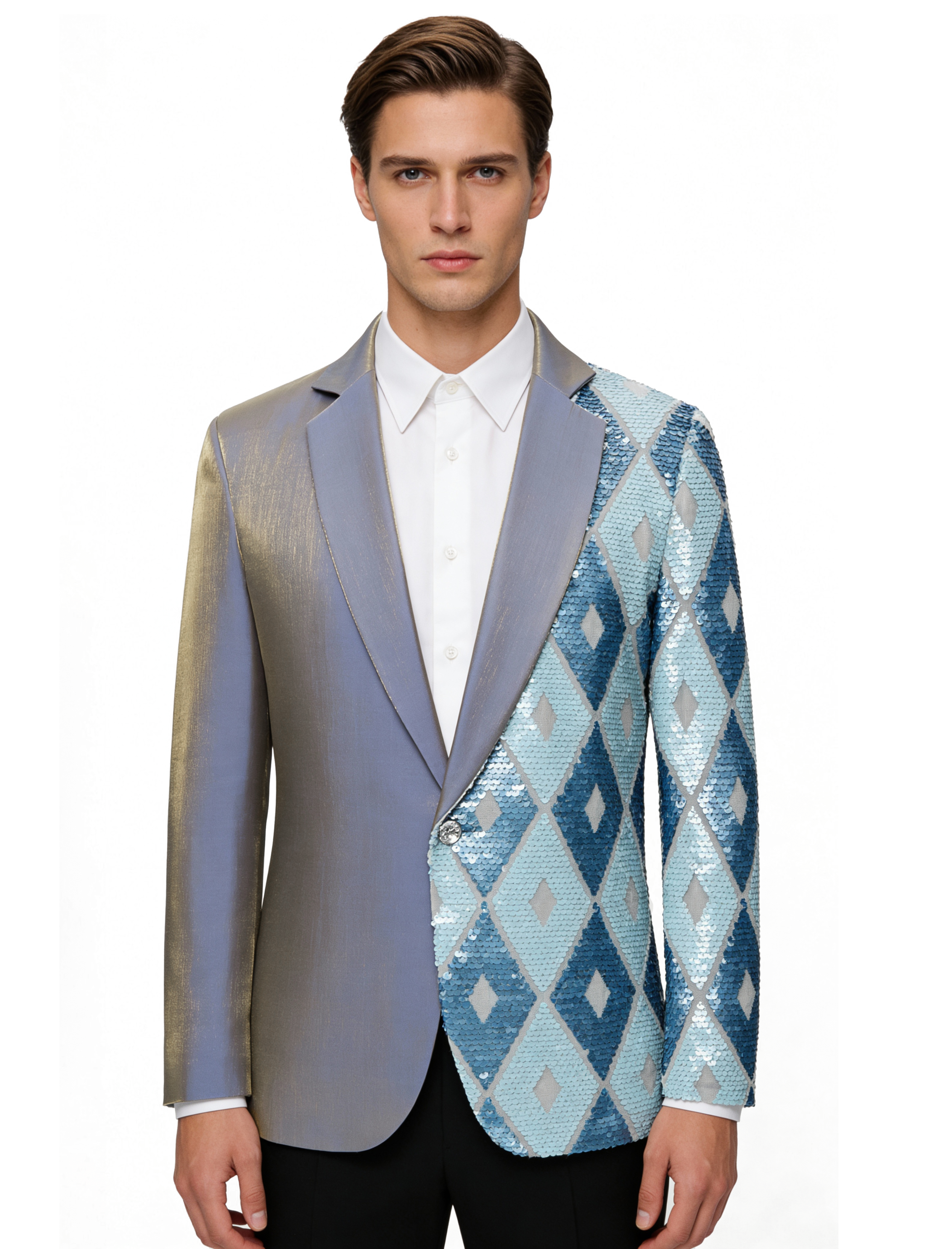 Men’s Asymmetrical Sequin Blazer – Luxury Geometric Statement Jacket for Stage & Events