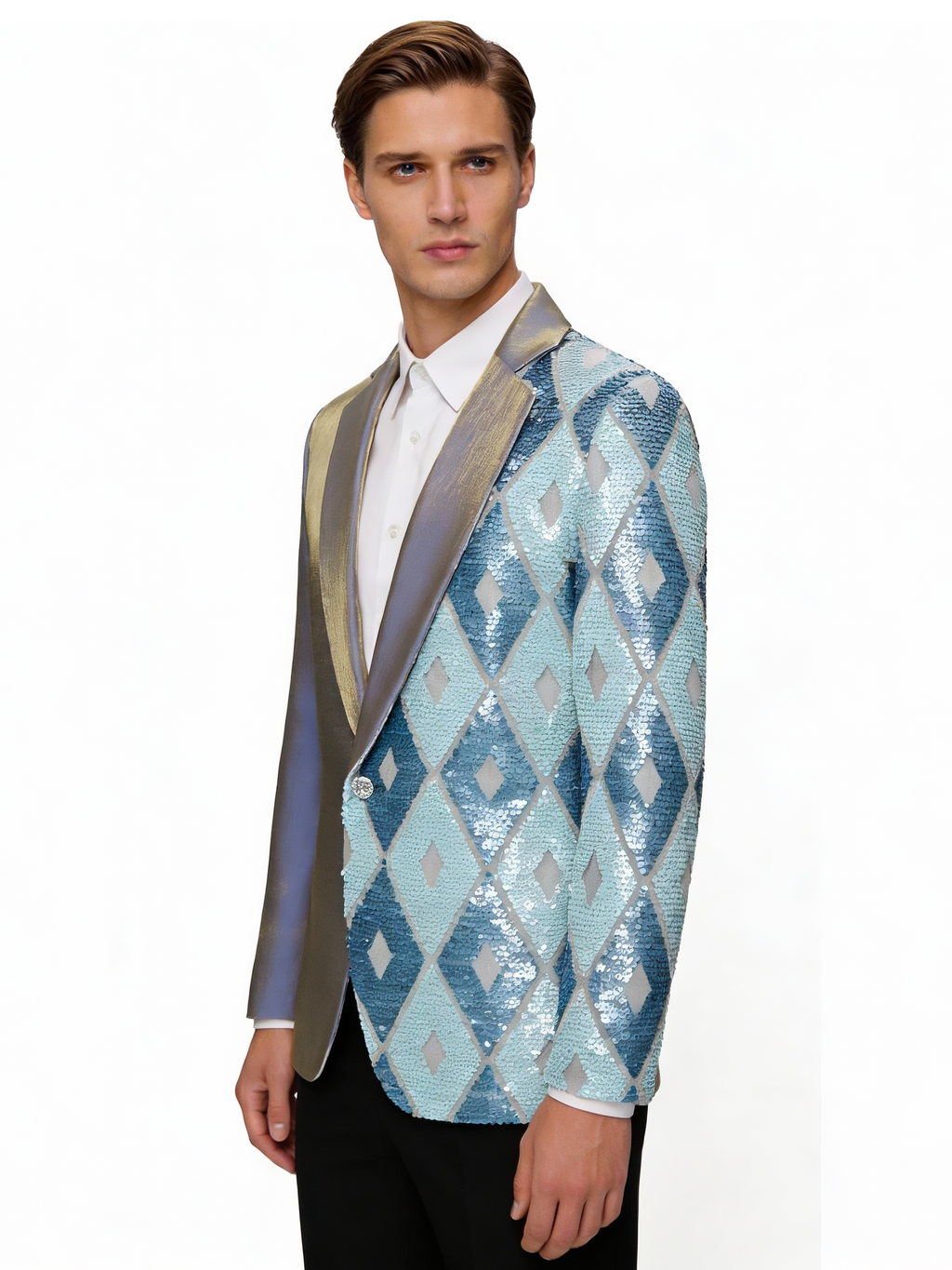 Men’s Asymmetrical Sequin Blazer – Luxury Geometric Statement Jacket for Stage & Events