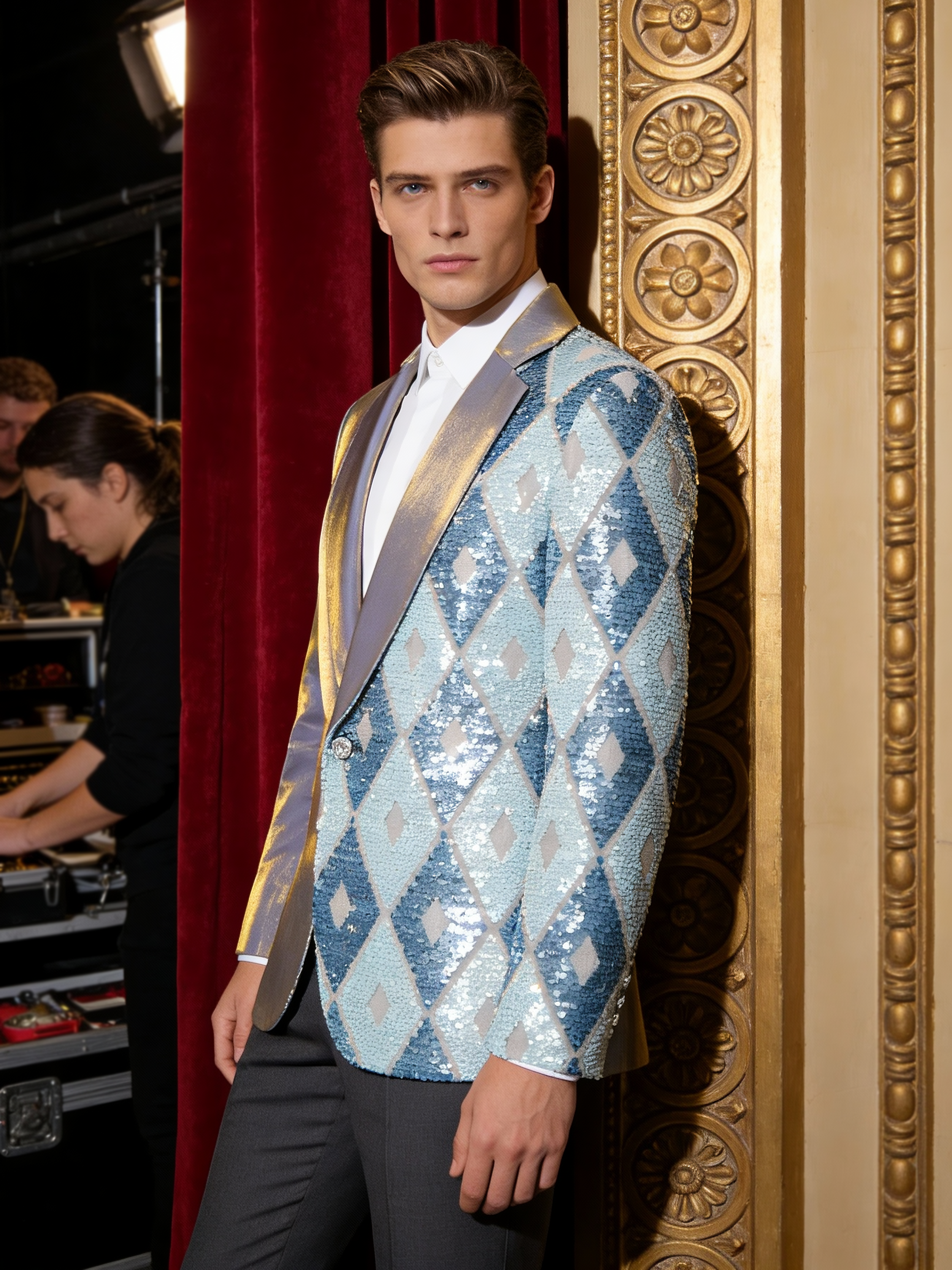 Men’s Asymmetrical Sequin Blazer – Luxury Geometric Statement Jacket for Stage & Events