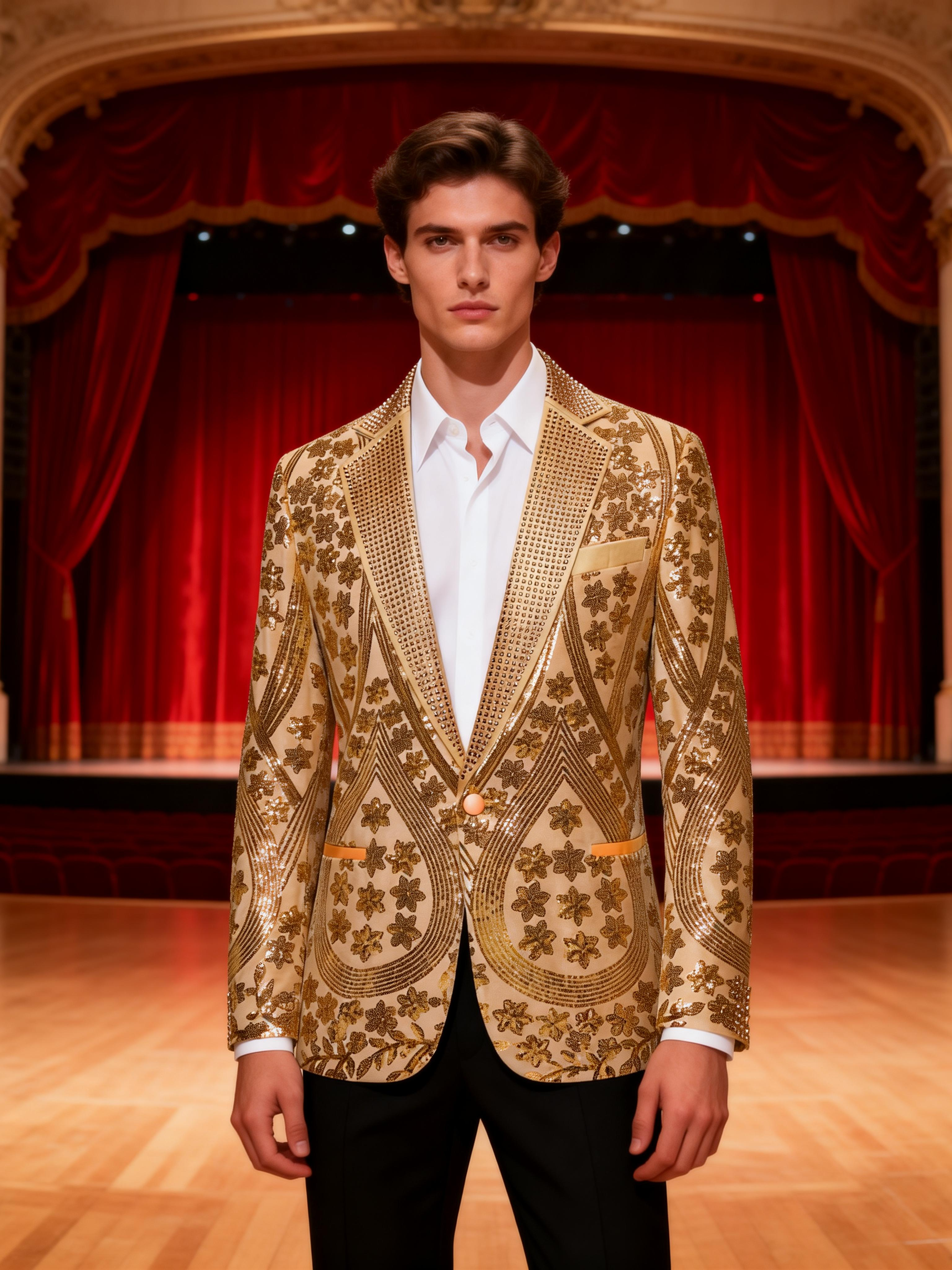 Men’s Gold Paisley-Inspired Sequin Blazer – Crystal Detailed Notch Lapel Statement Jacket