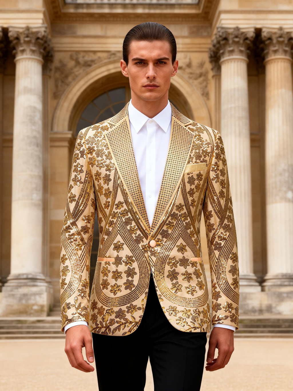 Men’s Gold Paisley-Inspired Sequin Blazer – Crystal Detailed Notch Lapel Statement Jacket