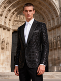 Men’s Gold Paisley-Inspired Sequin Blazer – Crystal Detailed Notch Lapel Statement Jacket-Black