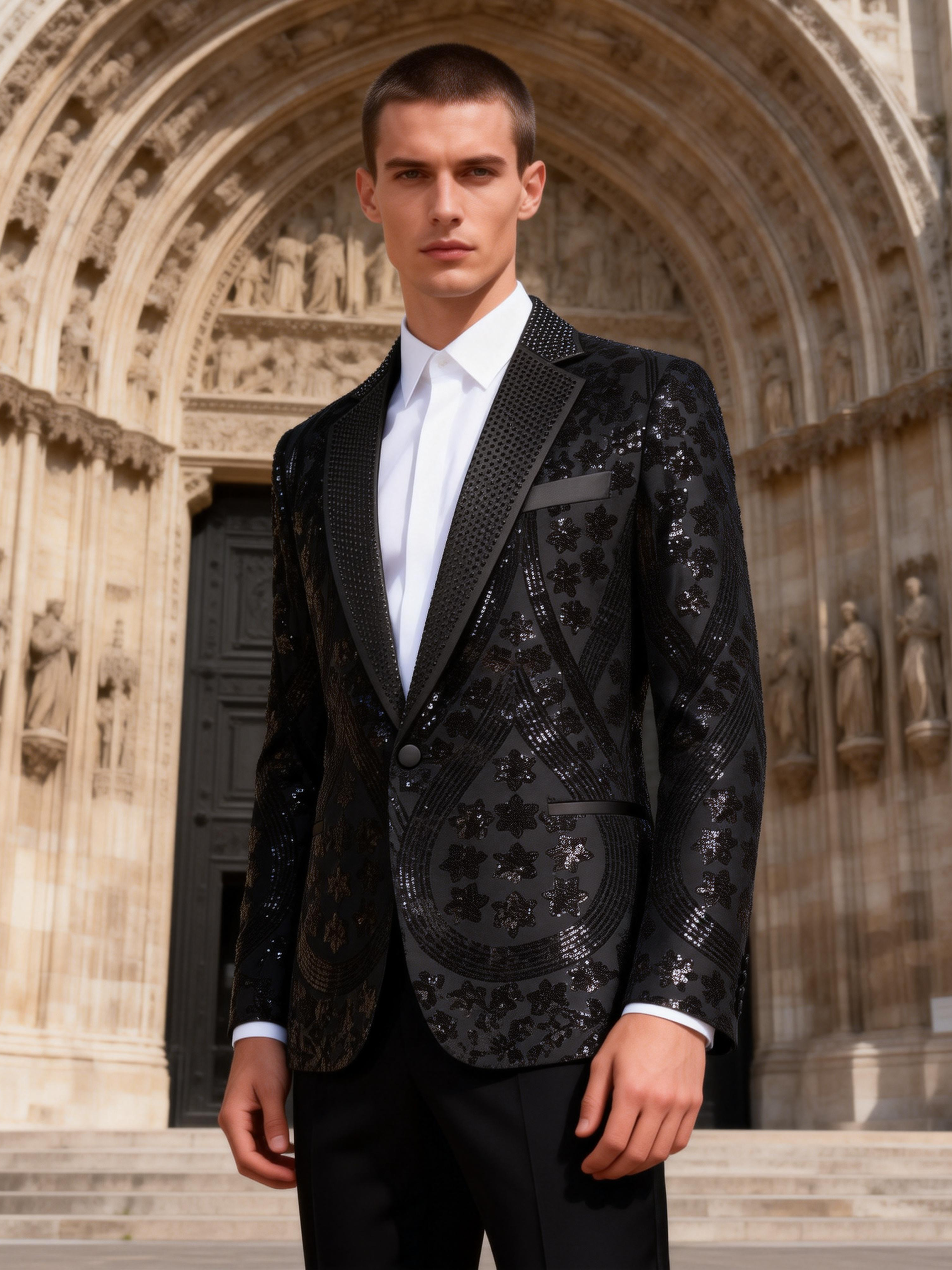 Men’s Gold Paisley-Inspired Sequin Blazer – Crystal Detailed Notch Lapel Statement Jacket-Black
