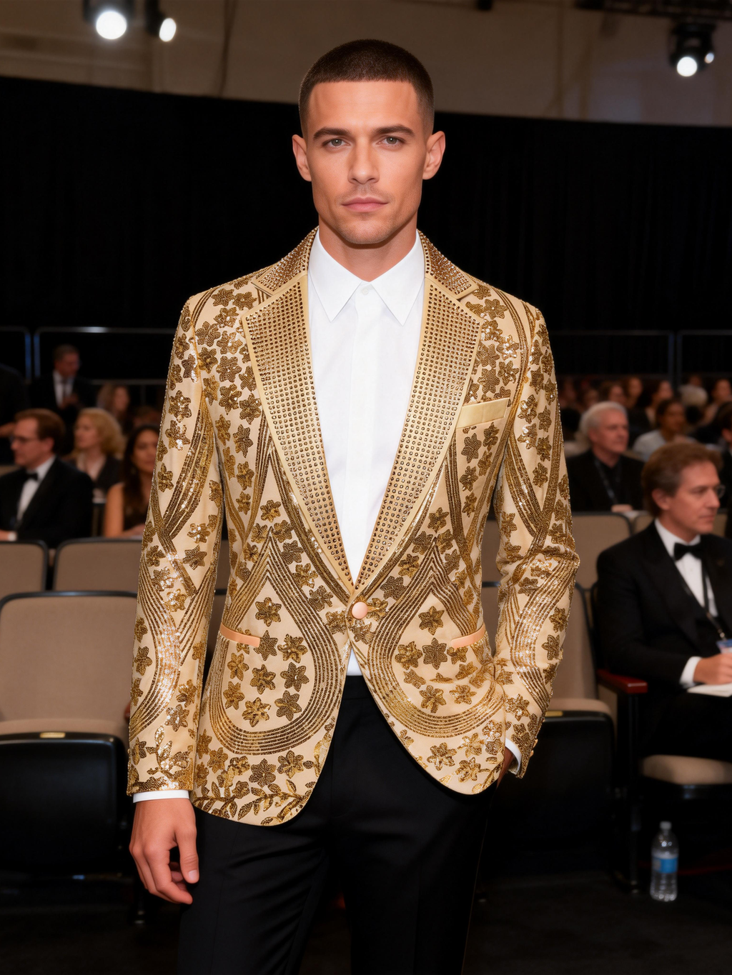 Men’s Gold Paisley-Inspired Sequin Blazer – Crystal Detailed Notch Lapel Statement Jacket