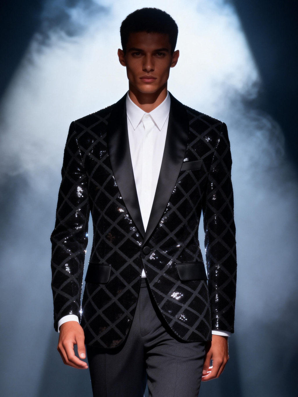 Men’s Black Diamond Grid Sequin Blazer – Luxury Geometric Pattern with Satin Peak Lapel