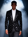 Men’s Black Diamond Grid Sequin Blazer – Luxury Geometric Pattern with Satin Peak Lapel