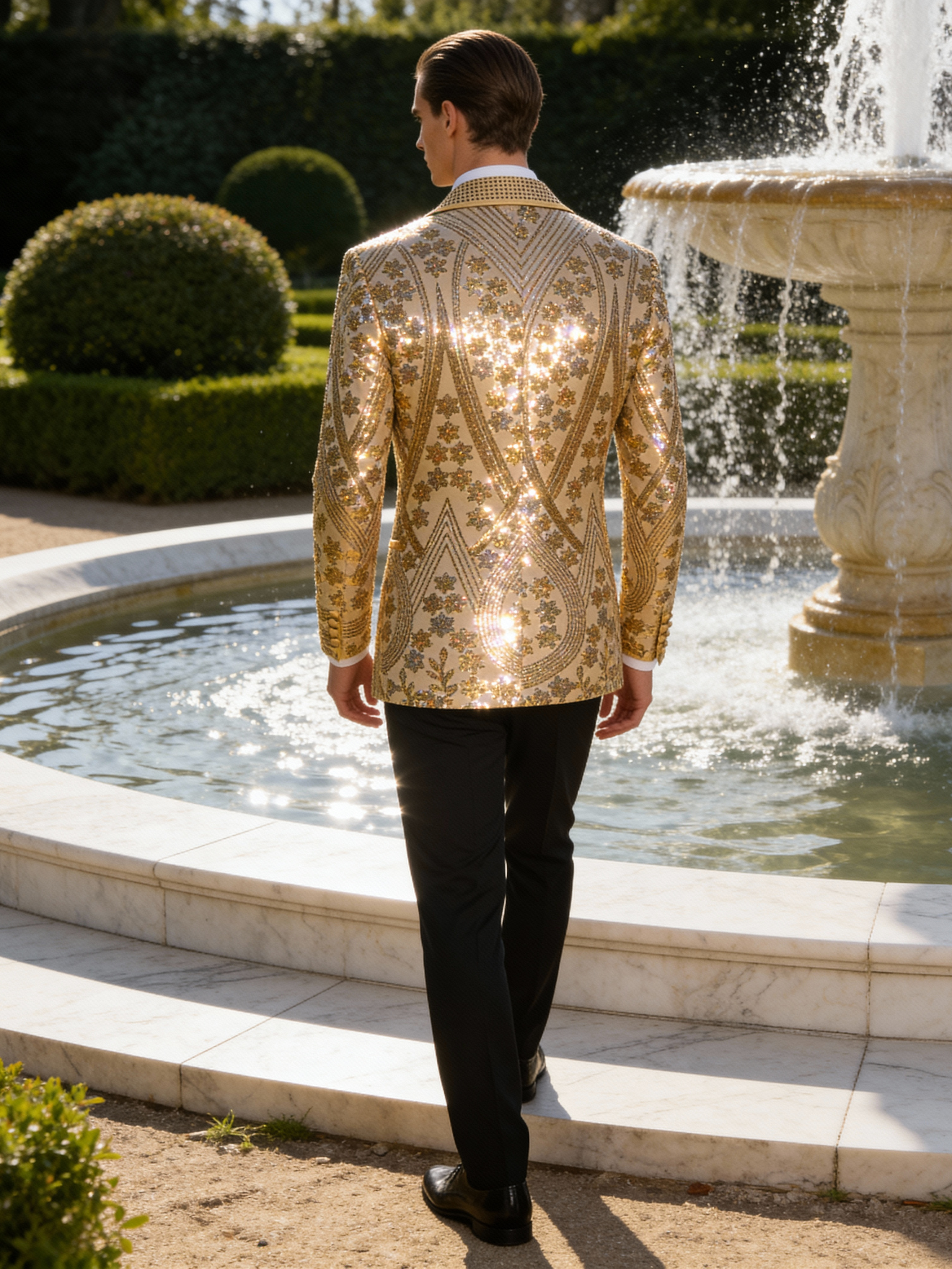 Men’s Gold Paisley-Inspired Sequin Blazer – Crystal Detailed Notch Lapel Statement Jacket