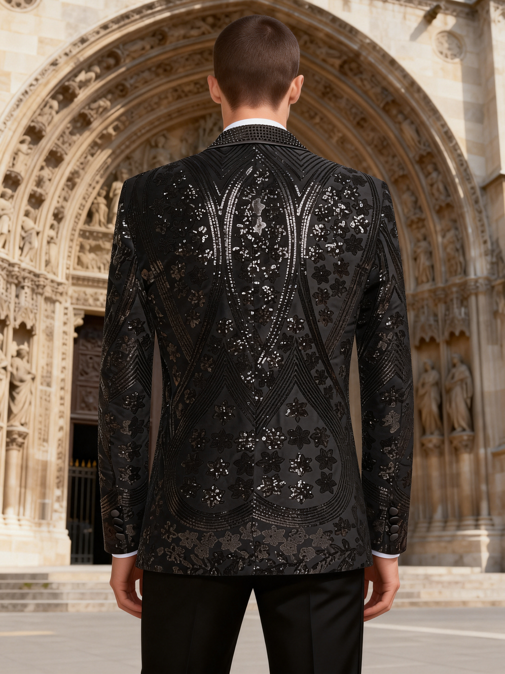Men’s Gold Paisley-Inspired Sequin Blazer – Crystal Detailed Notch Lapel Statement Jacket-Black