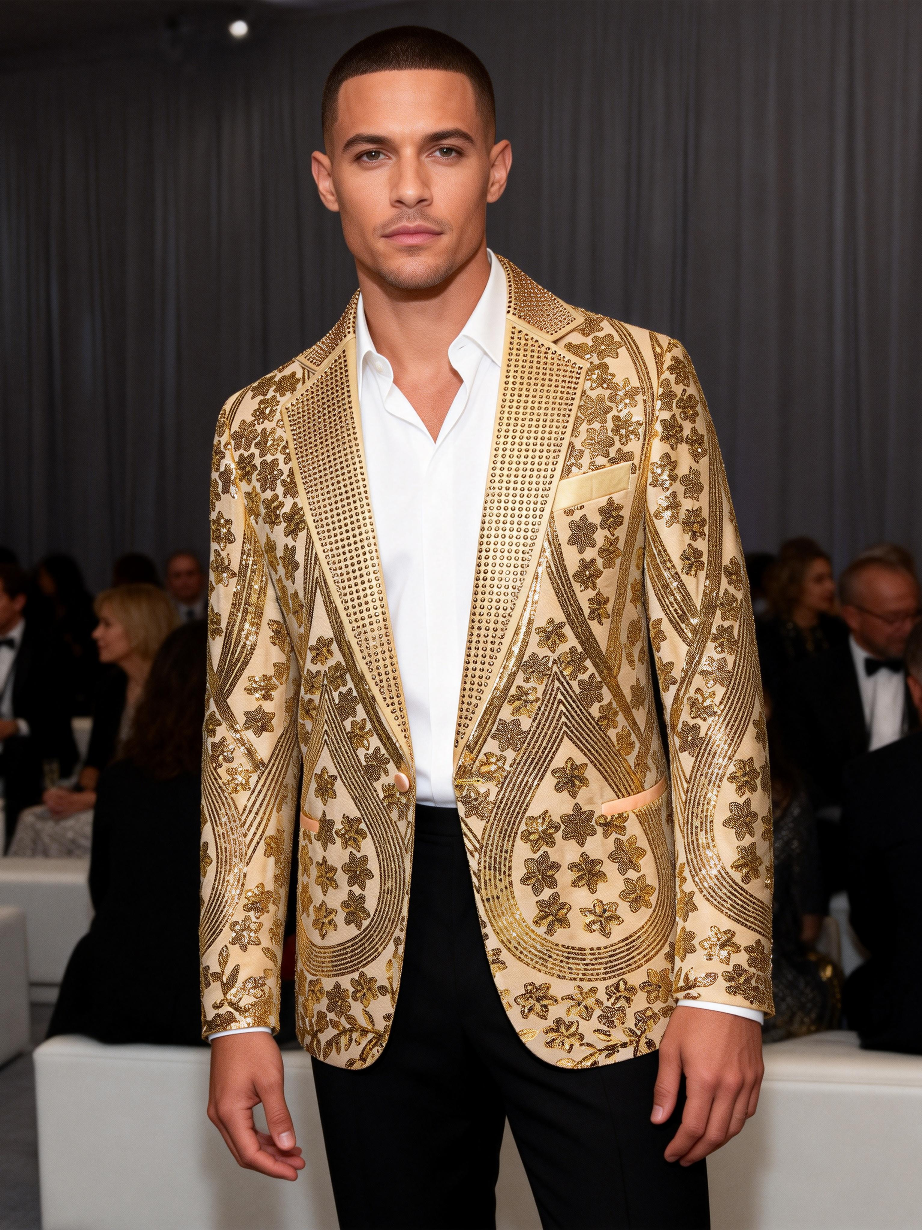 Men’s Gold Paisley-Inspired Sequin Blazer – Crystal Detailed Notch Lapel Statement Jacket