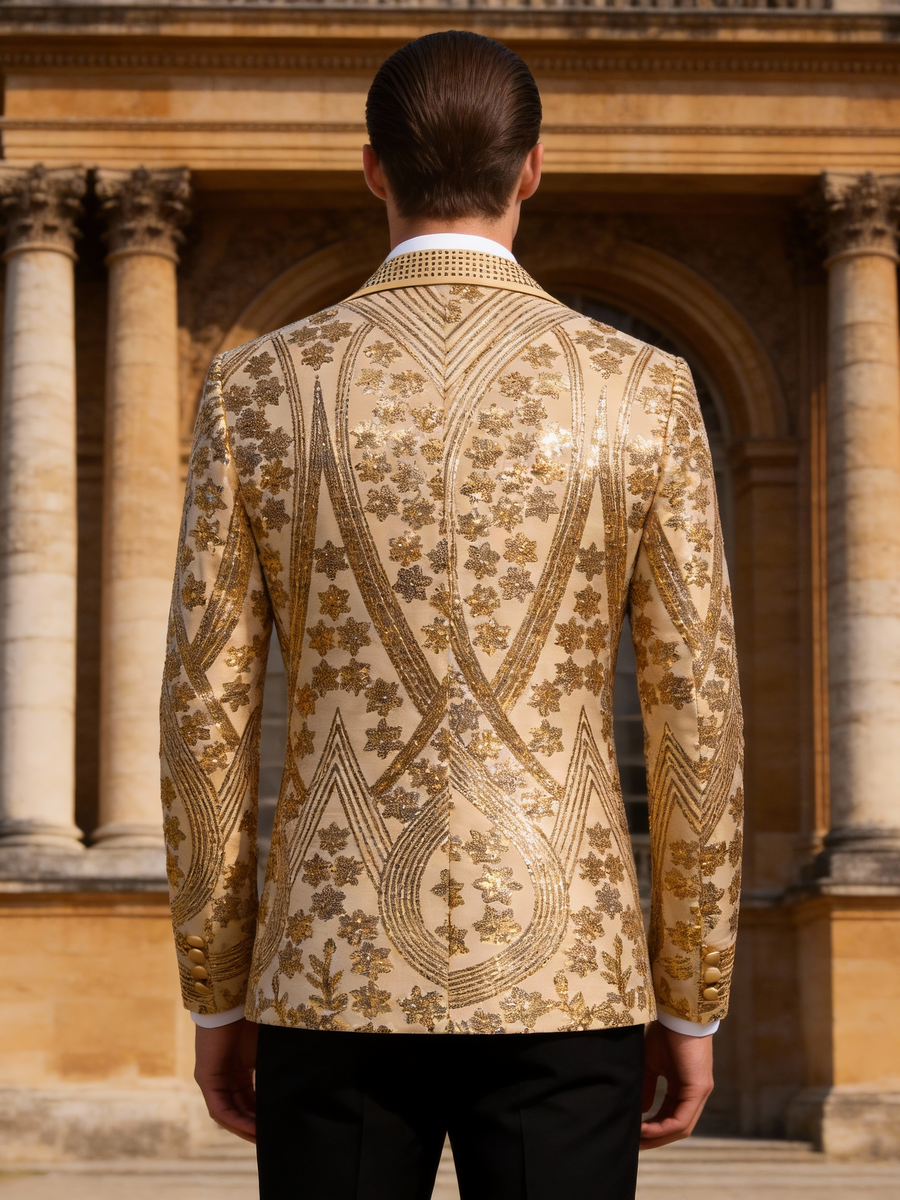 Men’s Gold Paisley-Inspired Sequin Blazer – Crystal Detailed Notch Lapel Statement Jacket