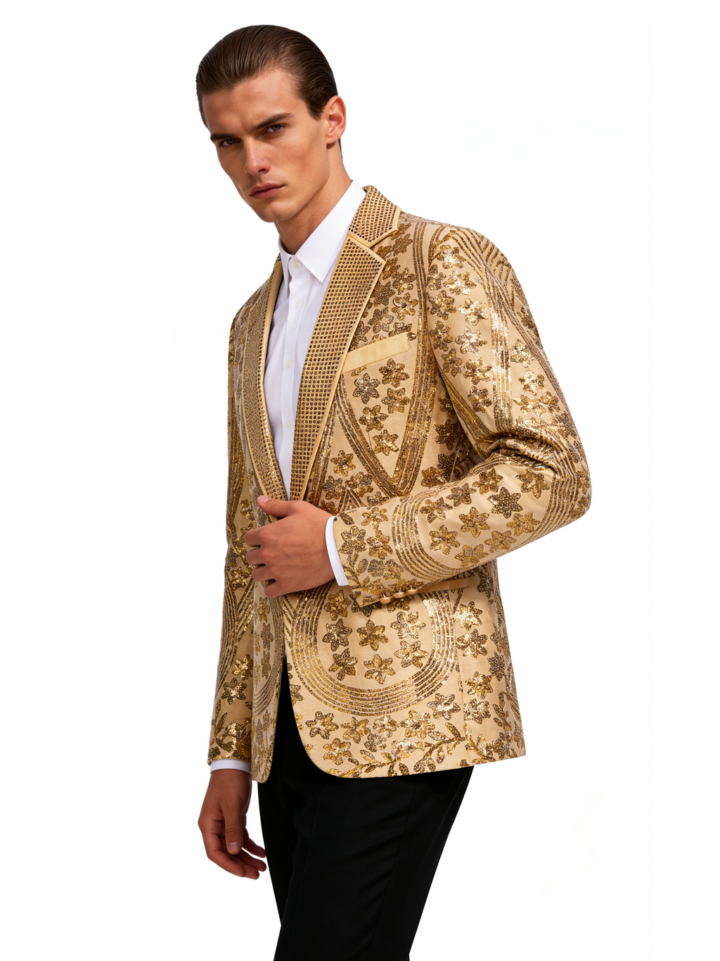 Men’s Gold Paisley-Inspired Sequin Blazer – Crystal Detailed Notch Lapel Statement Jacket