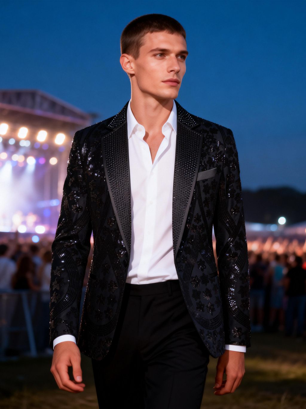 Men’s Gold Paisley-Inspired Sequin Blazer – Crystal Detailed Notch Lapel Statement Jacket-Black