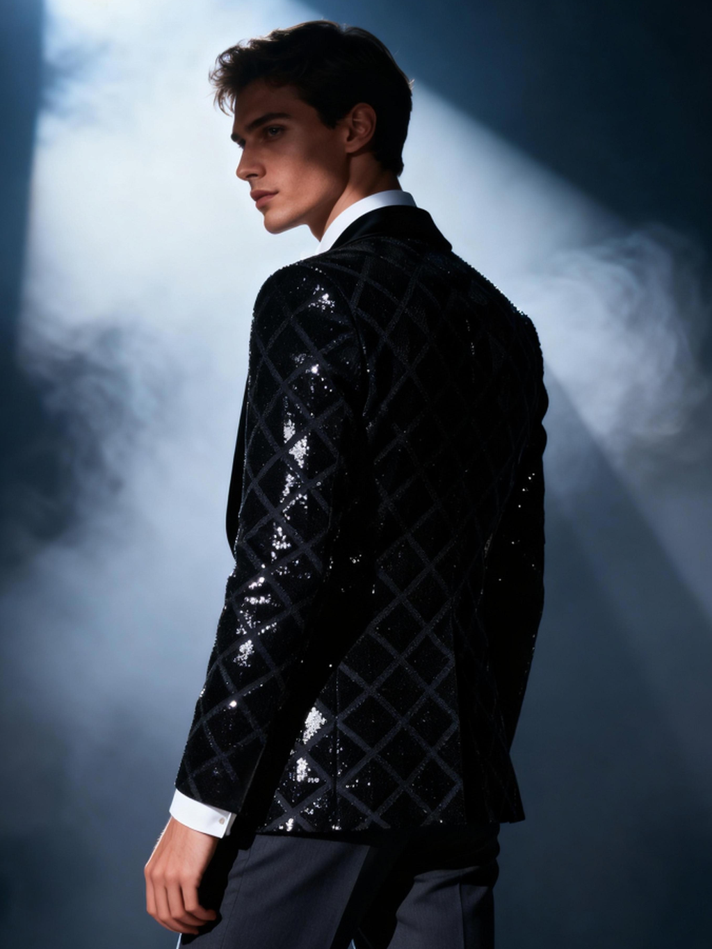 Men’s Black Diamond Grid Sequin Blazer – Luxury Geometric Pattern with Satin Peak Lapel