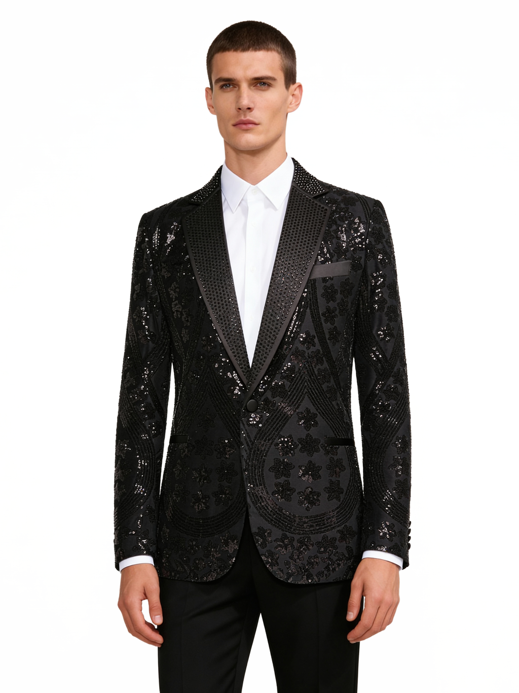 Men’s Gold Paisley-Inspired Sequin Blazer – Crystal Detailed Notch Lapel Statement Jacket-Black