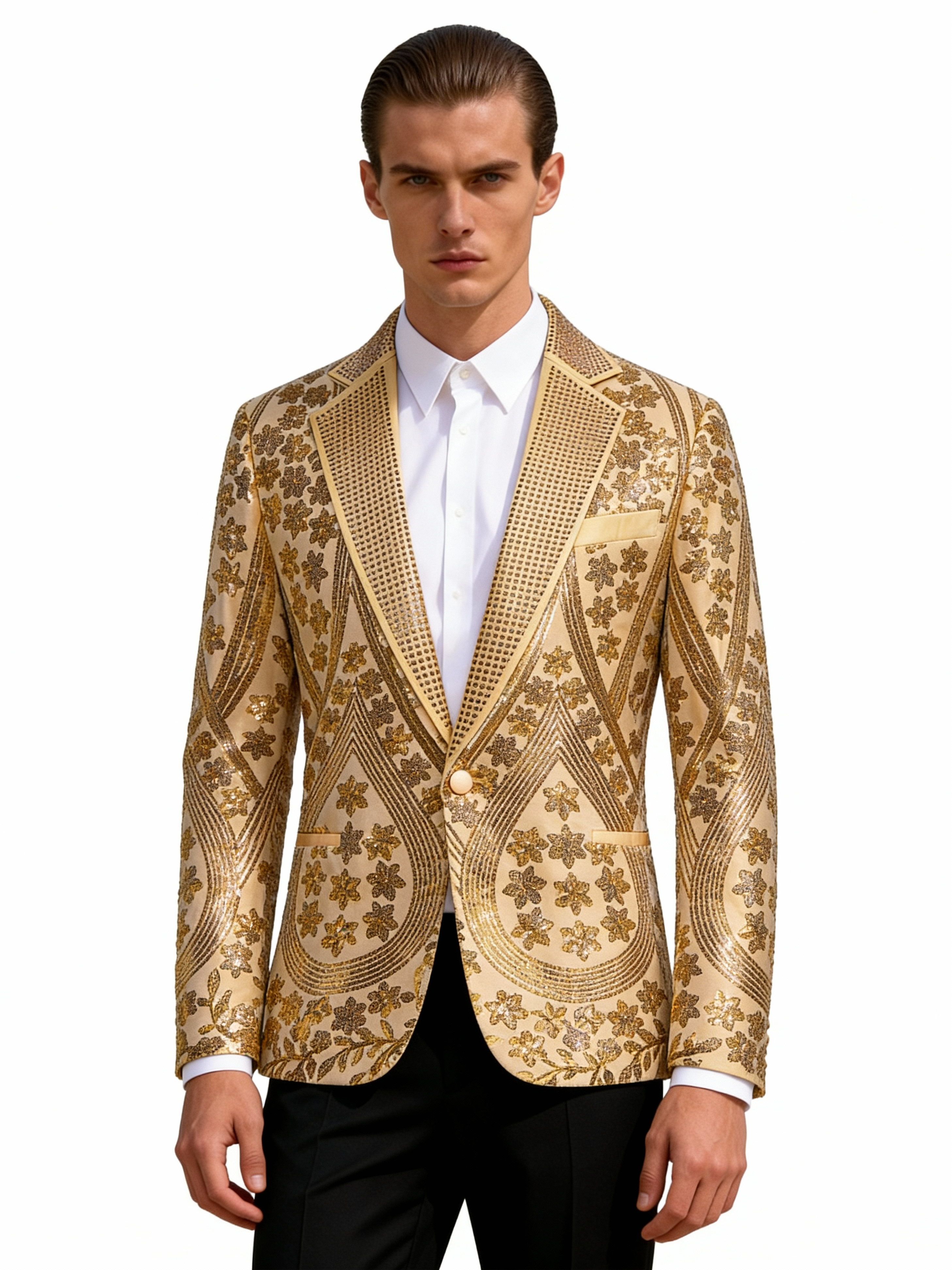 Men’s Gold Paisley-Inspired Sequin Blazer – Crystal Detailed Notch Lapel Statement Jacket