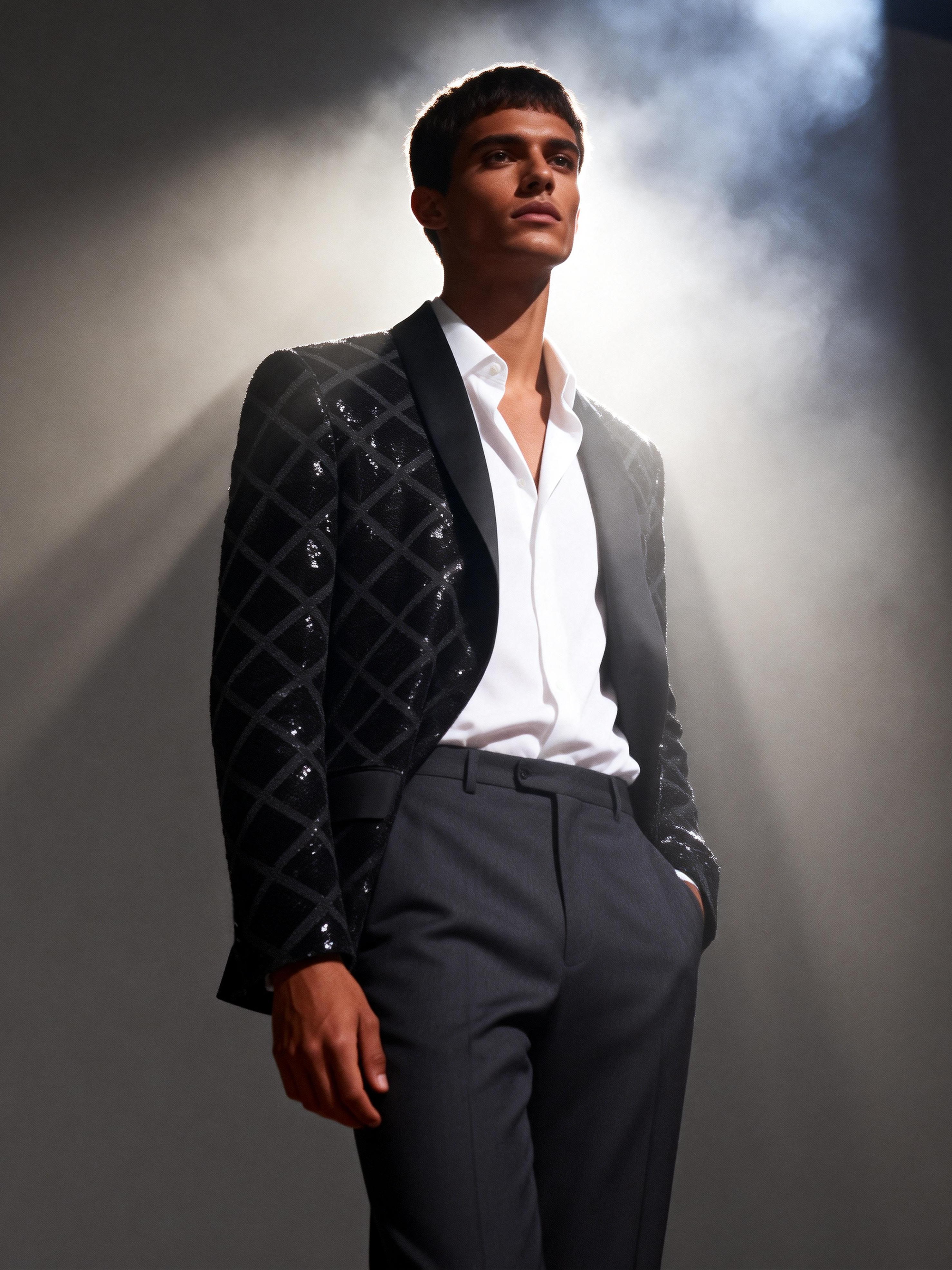 Men’s Black Diamond Grid Sequin Blazer – Luxury Geometric Pattern with Satin Peak Lapel