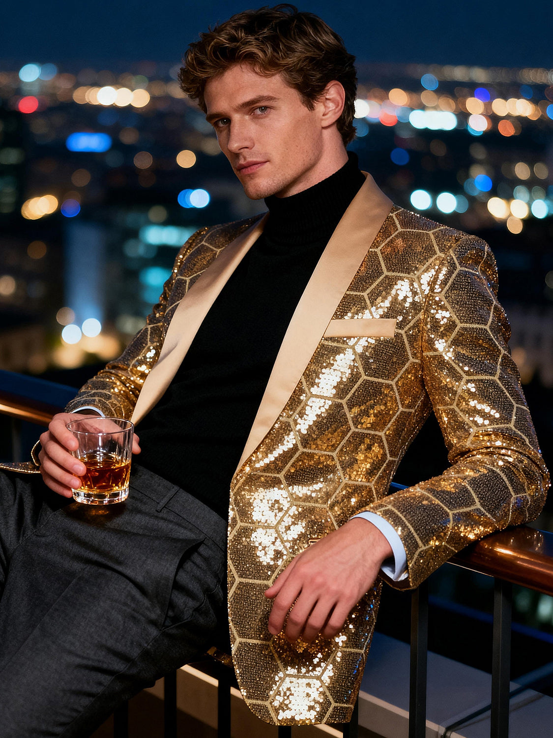 Men’s Gold Honeycomb Sequin Blazer – Luxury 3D Geometric Stage Jacket for Parties, Weddings & Performances