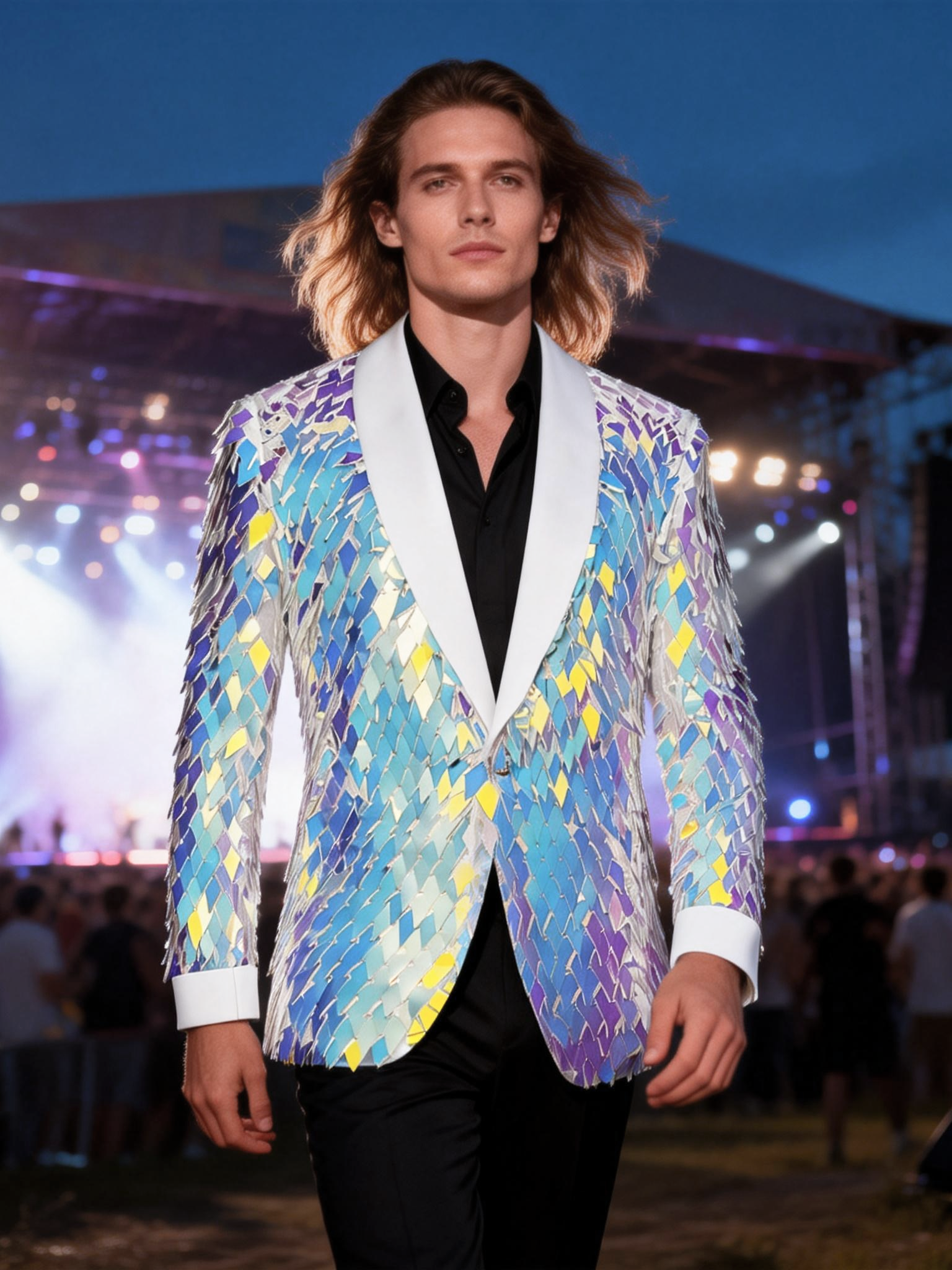 Men’s Iridescent Diamond Sequin Blazer-Color-Shifting Geometric Scale Pattern Statement Jacket