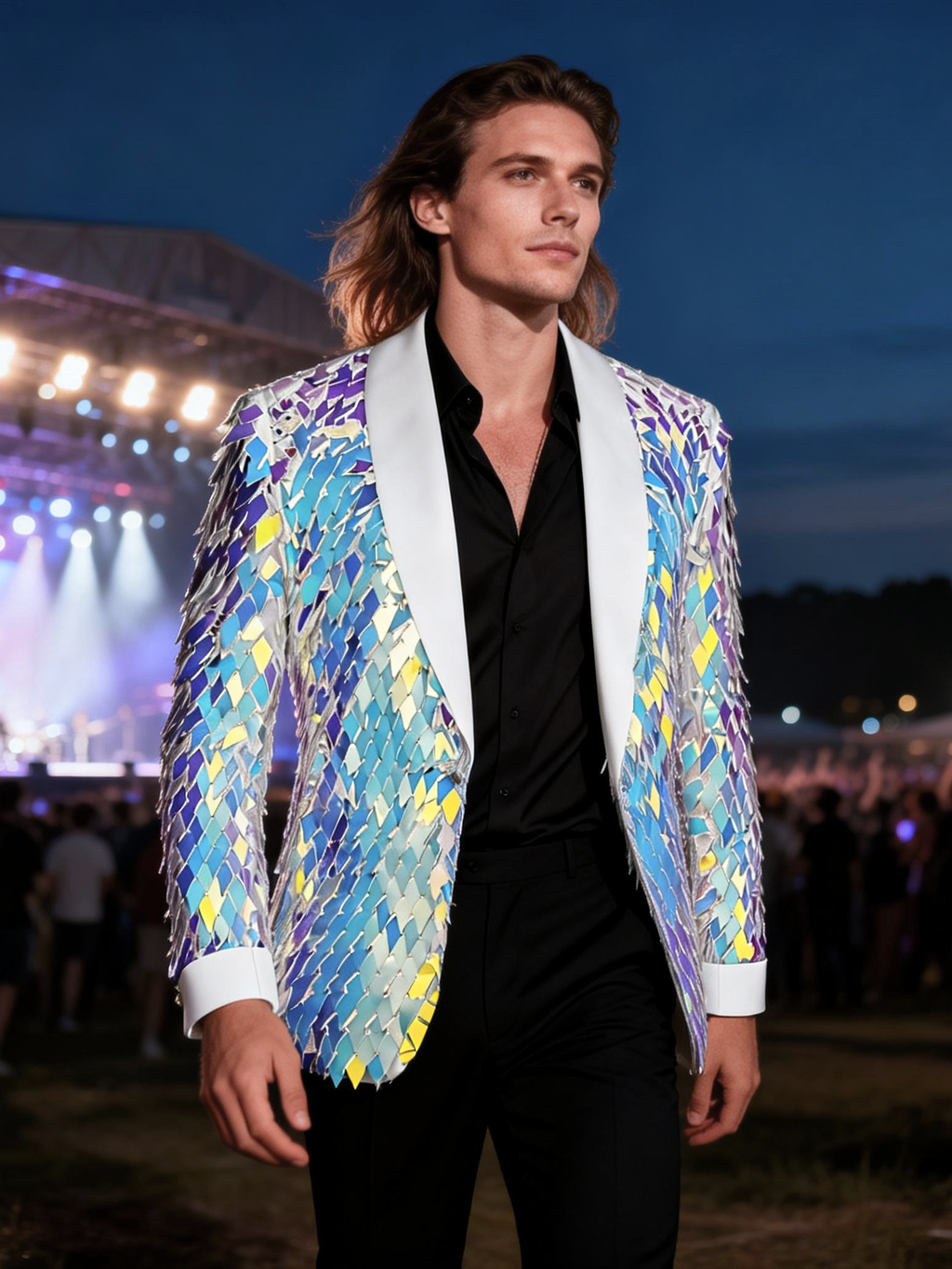 Men’s Iridescent Diamond Sequin Blazer-Color-Shifting Geometric Scale Pattern Statement Jacket