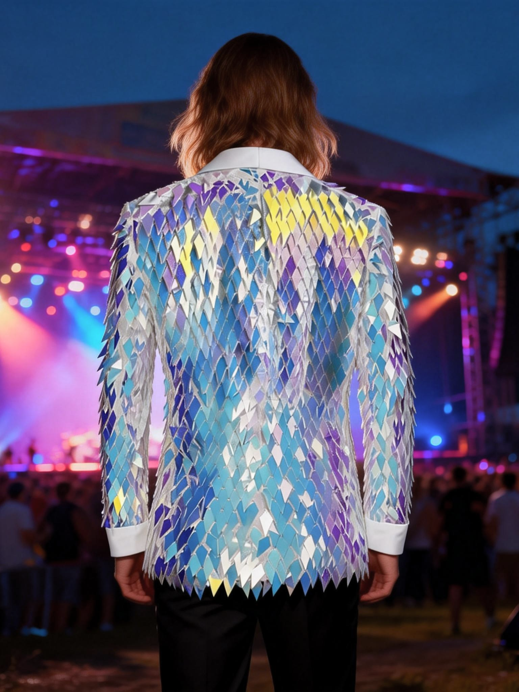 Men’s Iridescent Diamond Sequin Blazer-Color-Shifting Geometric Scale Pattern Statement Jacket