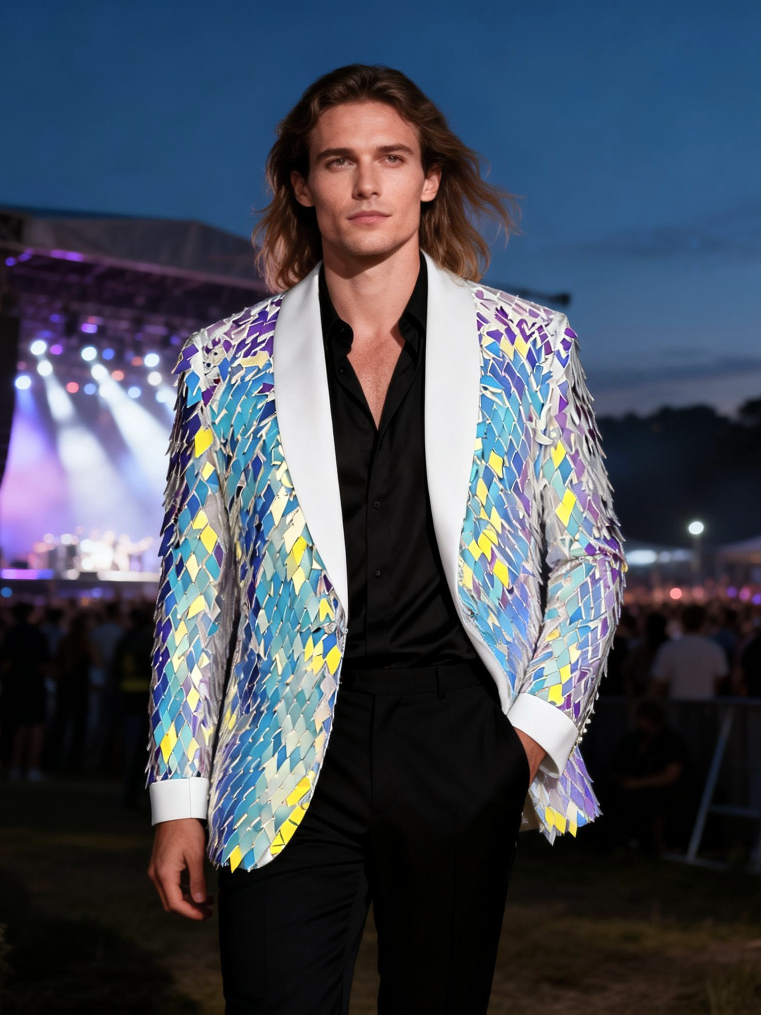 Men’s Iridescent Diamond Sequin Blazer-Color-Shifting Geometric Scale Pattern Statement Jacket