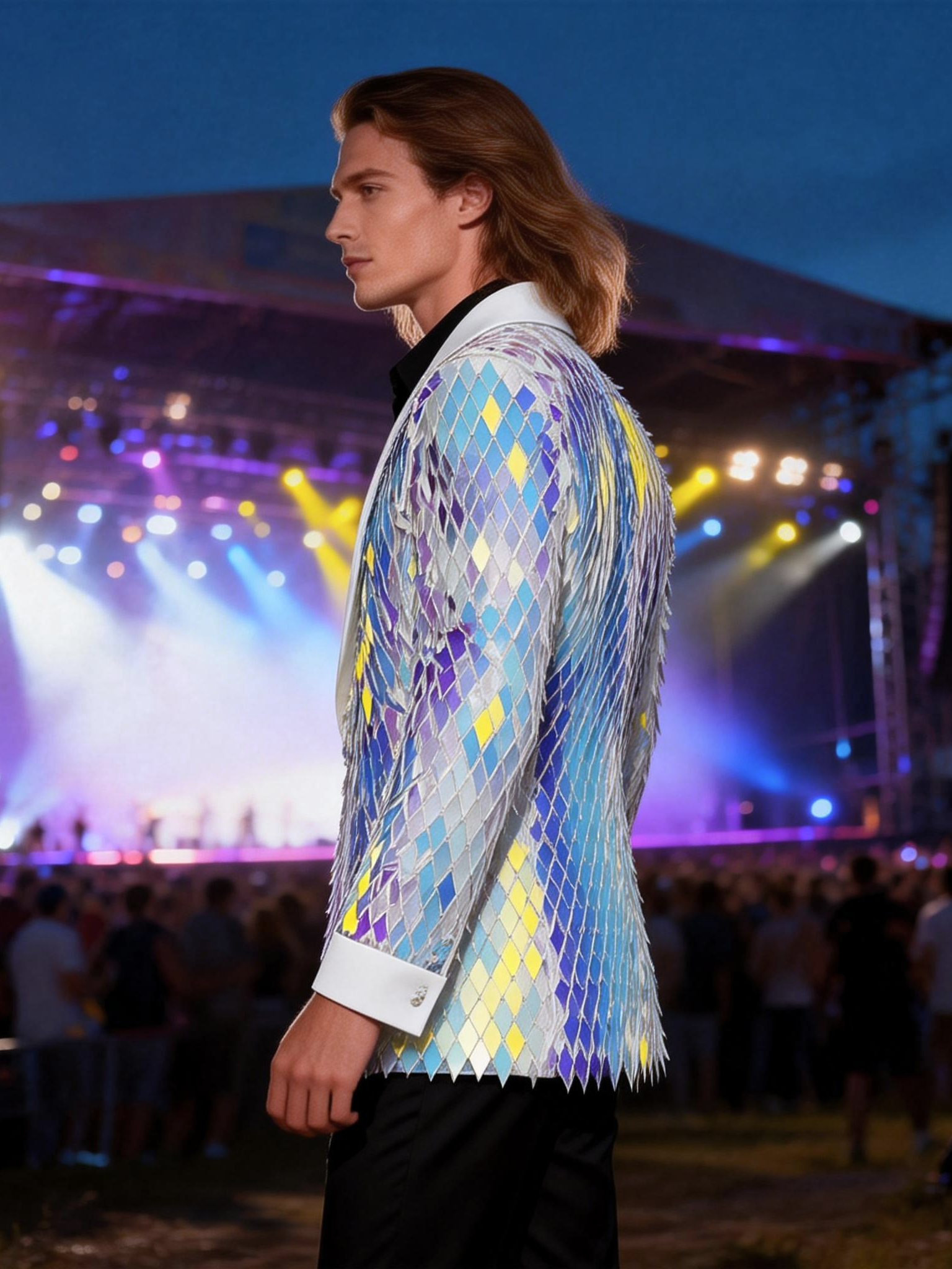 Men’s Iridescent Diamond Sequin Blazer-Color-Shifting Geometric Scale Pattern Statement Jacket