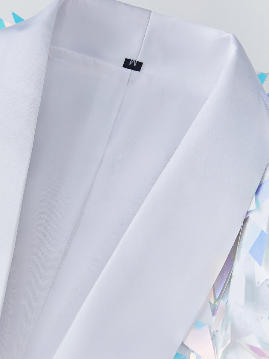 Men’s Iridescent Diamond Sequin Blazer-Color-Shifting Geometric Scale Pattern Statement Jacket