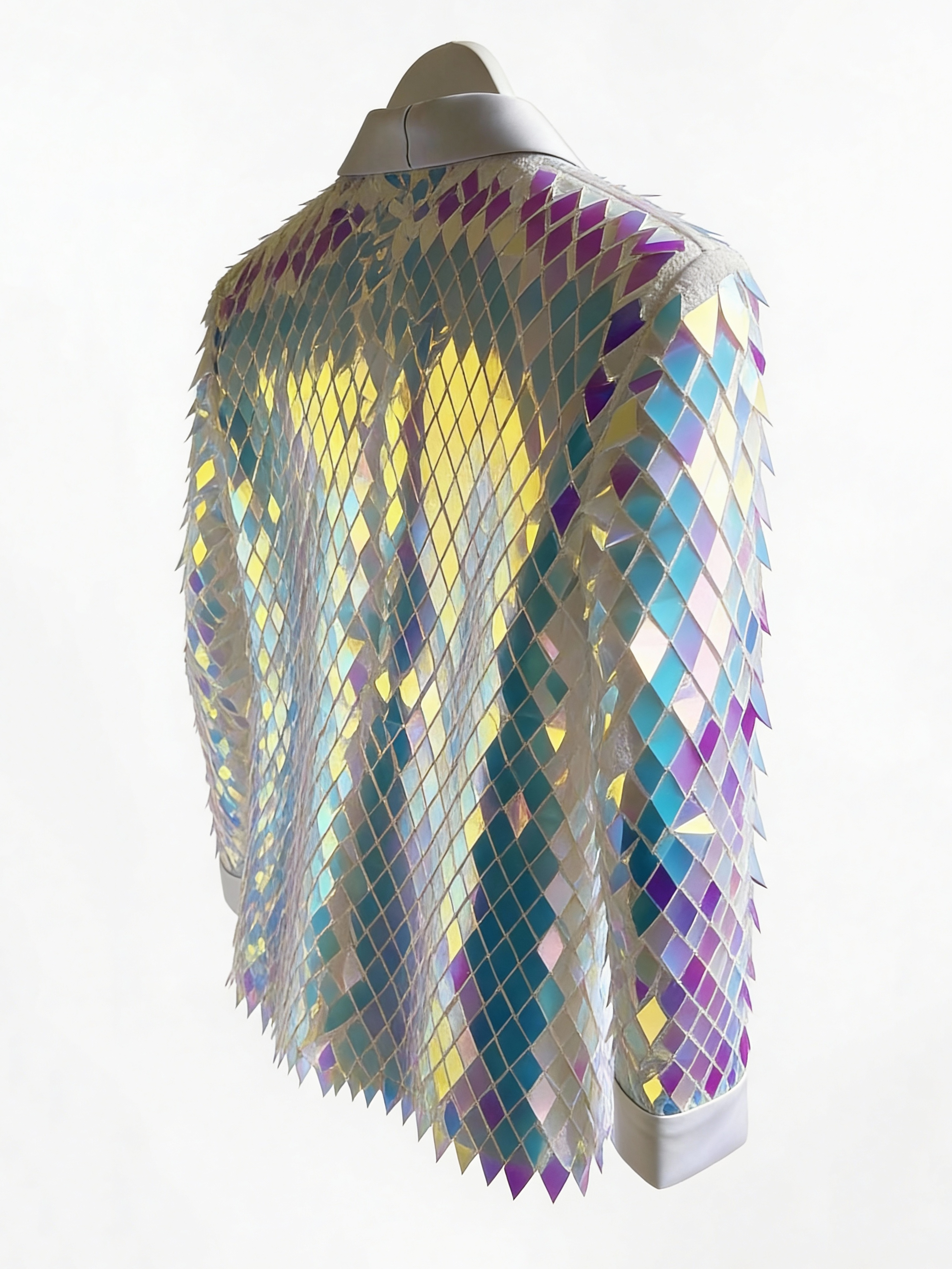 Men’s Iridescent Diamond Sequin Blazer-Color-Shifting Geometric Scale Pattern Statement Jacket