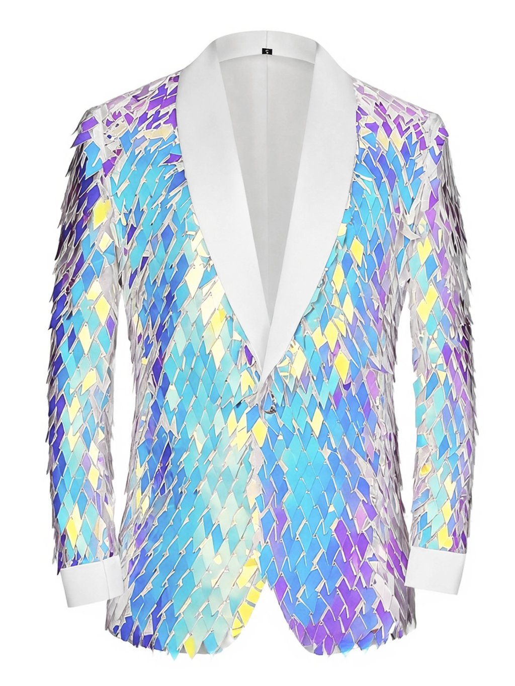 Men’s Iridescent Diamond Sequin Blazer-Color-Shifting Geometric Scale Pattern Statement Jacket