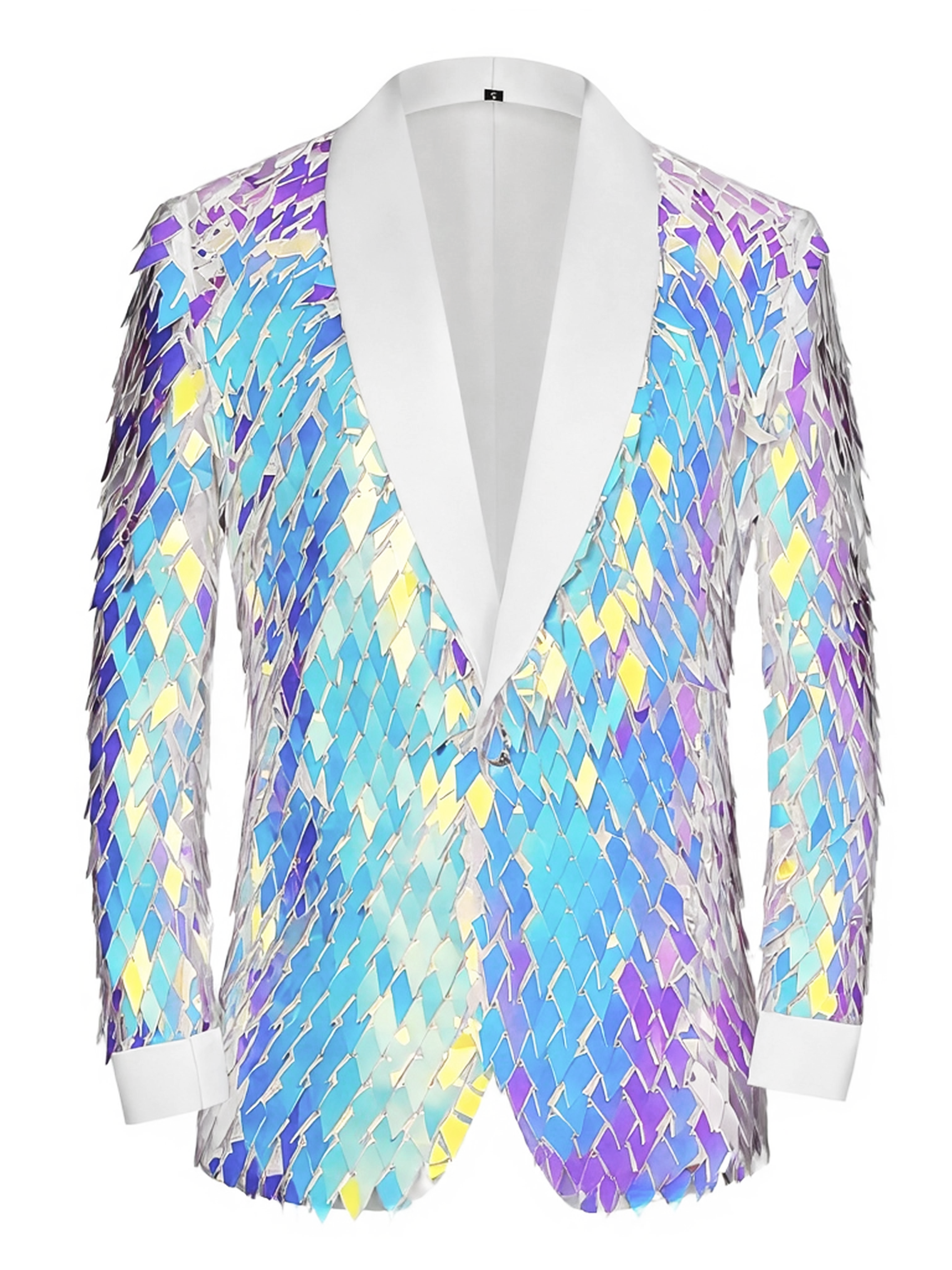 Men’s Iridescent Diamond Sequin Blazer-Color-Shifting Geometric Scale Pattern Statement Jacket