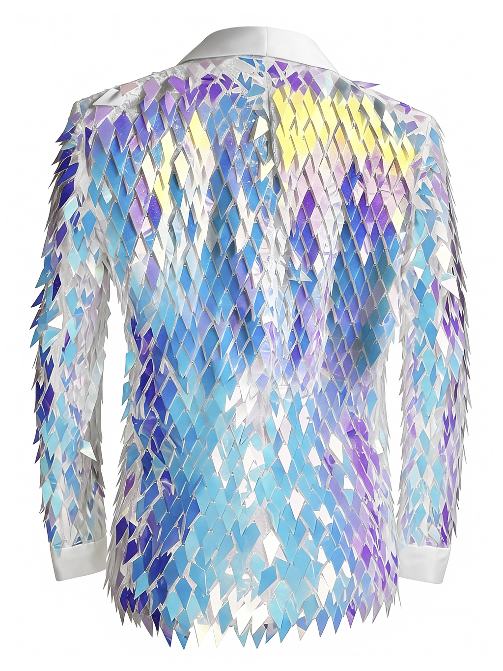 Men’s Iridescent Diamond Sequin Blazer-Color-Shifting Geometric Scale Pattern Statement Jacket