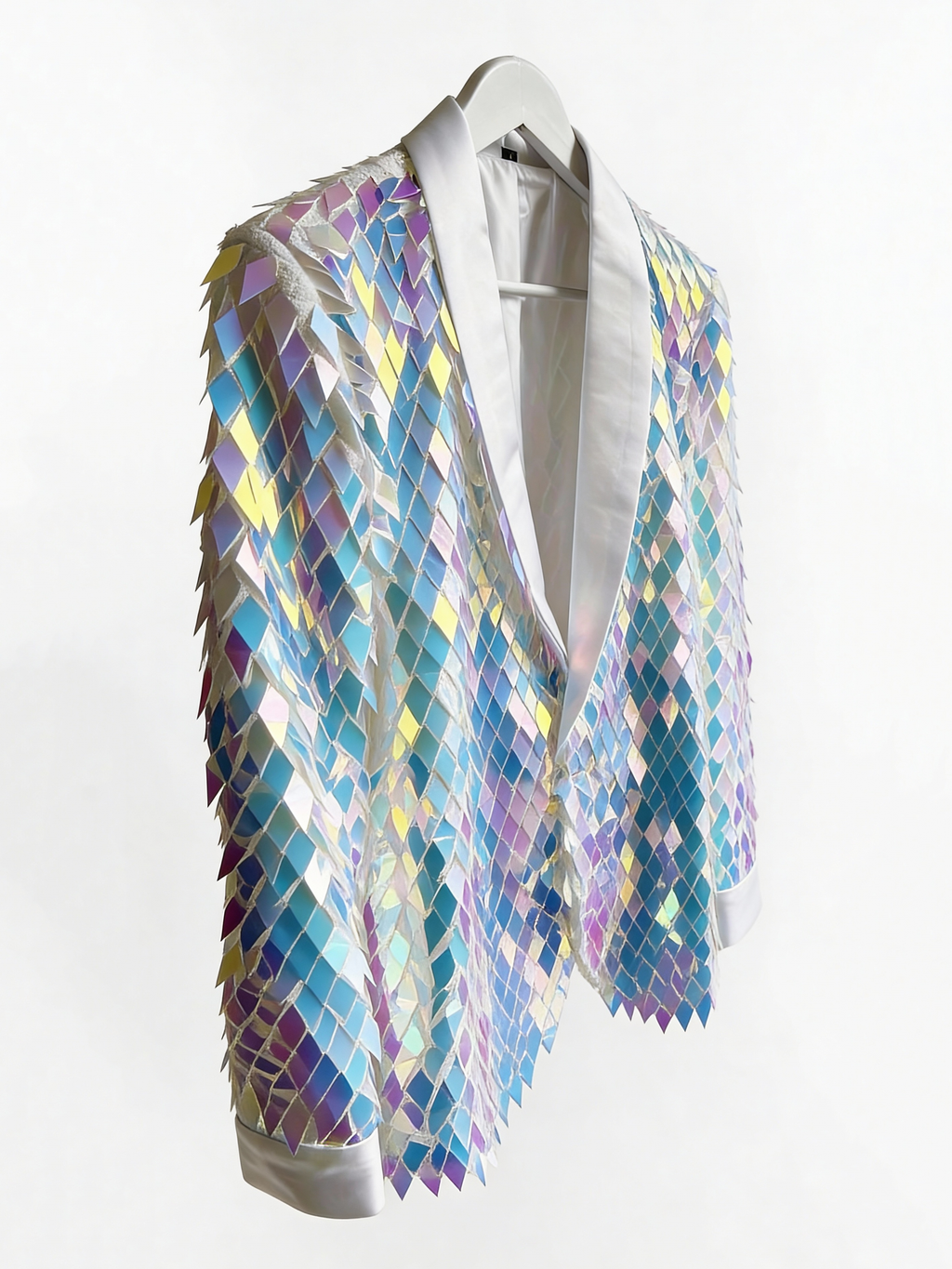 Men’s Iridescent Diamond Sequin Blazer-Color-Shifting Geometric Scale Pattern Statement Jacket
