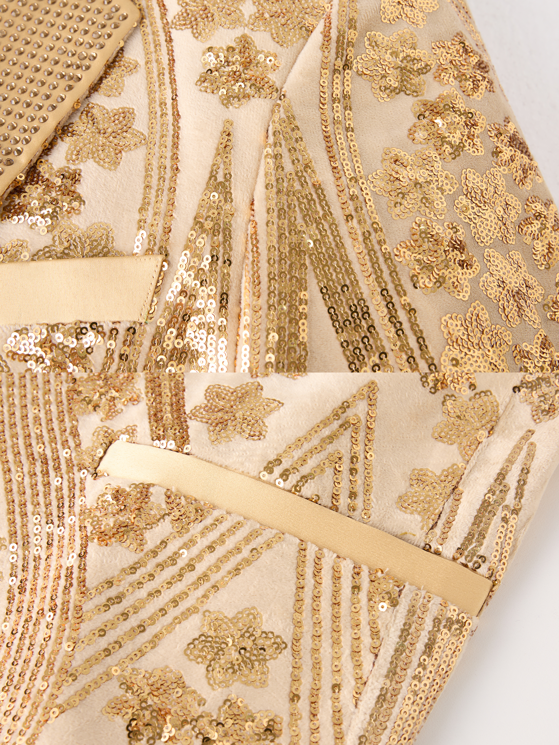 Men’s Gold Paisley-Inspired Sequin Blazer – Crystal Detailed Notch Lapel Statement Jacket