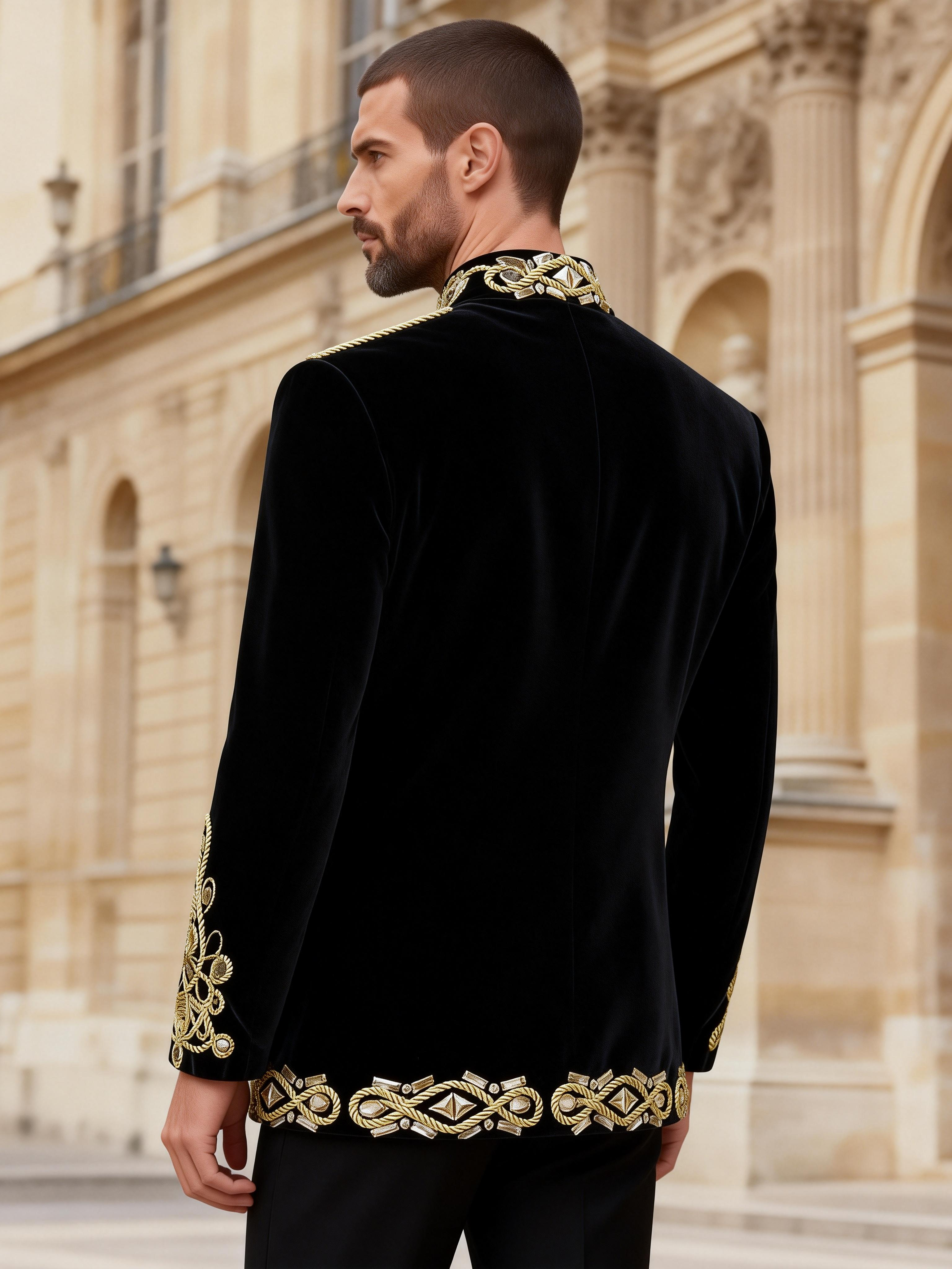 Men’s Luxury Black Velvet Military Jacket with Hand-Sewn Crystals & Gold Cord Trim
