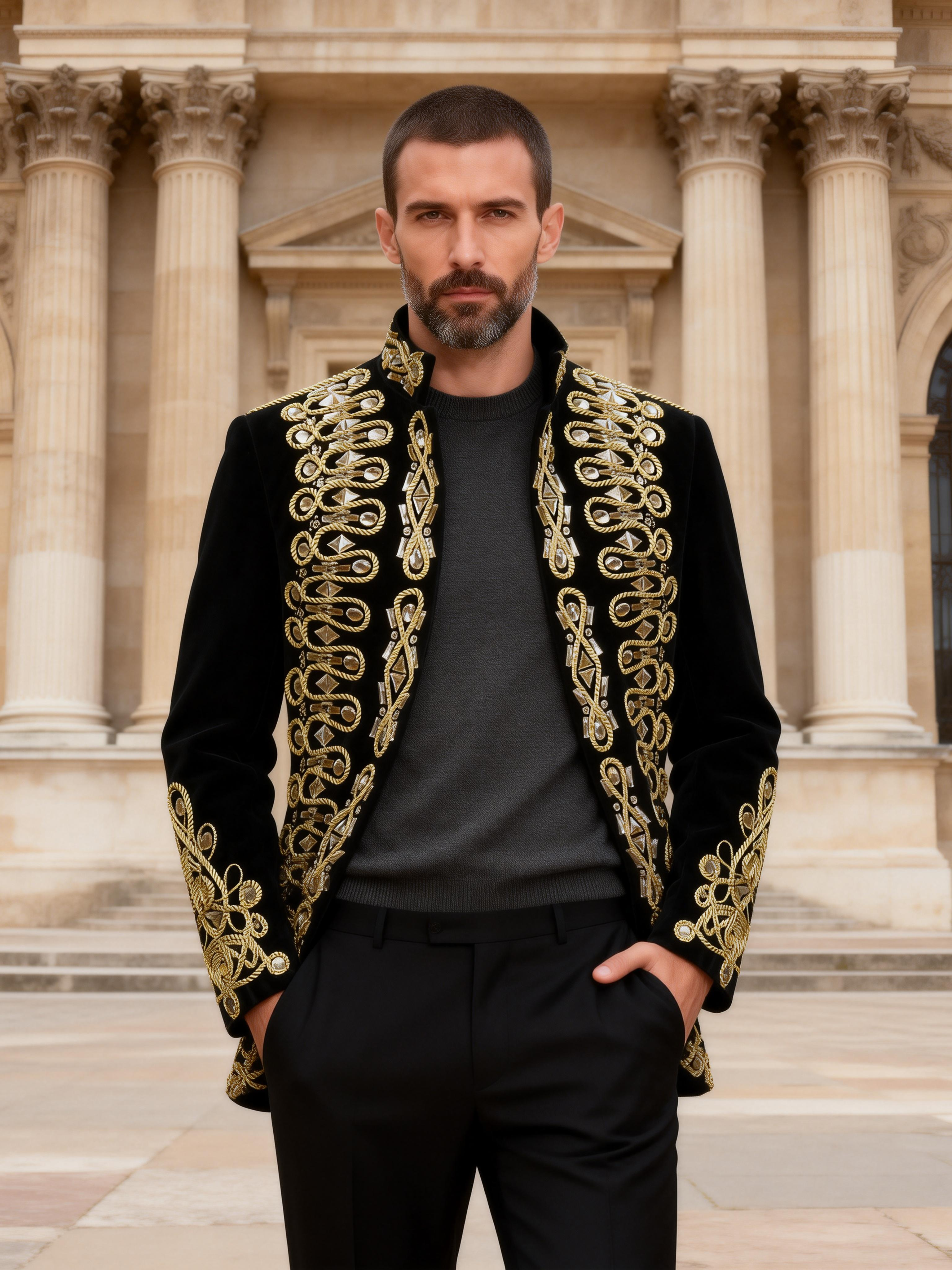 Men’s Luxury Black Velvet Military Jacket with Hand-Sewn Crystals & Gold Cord Trim