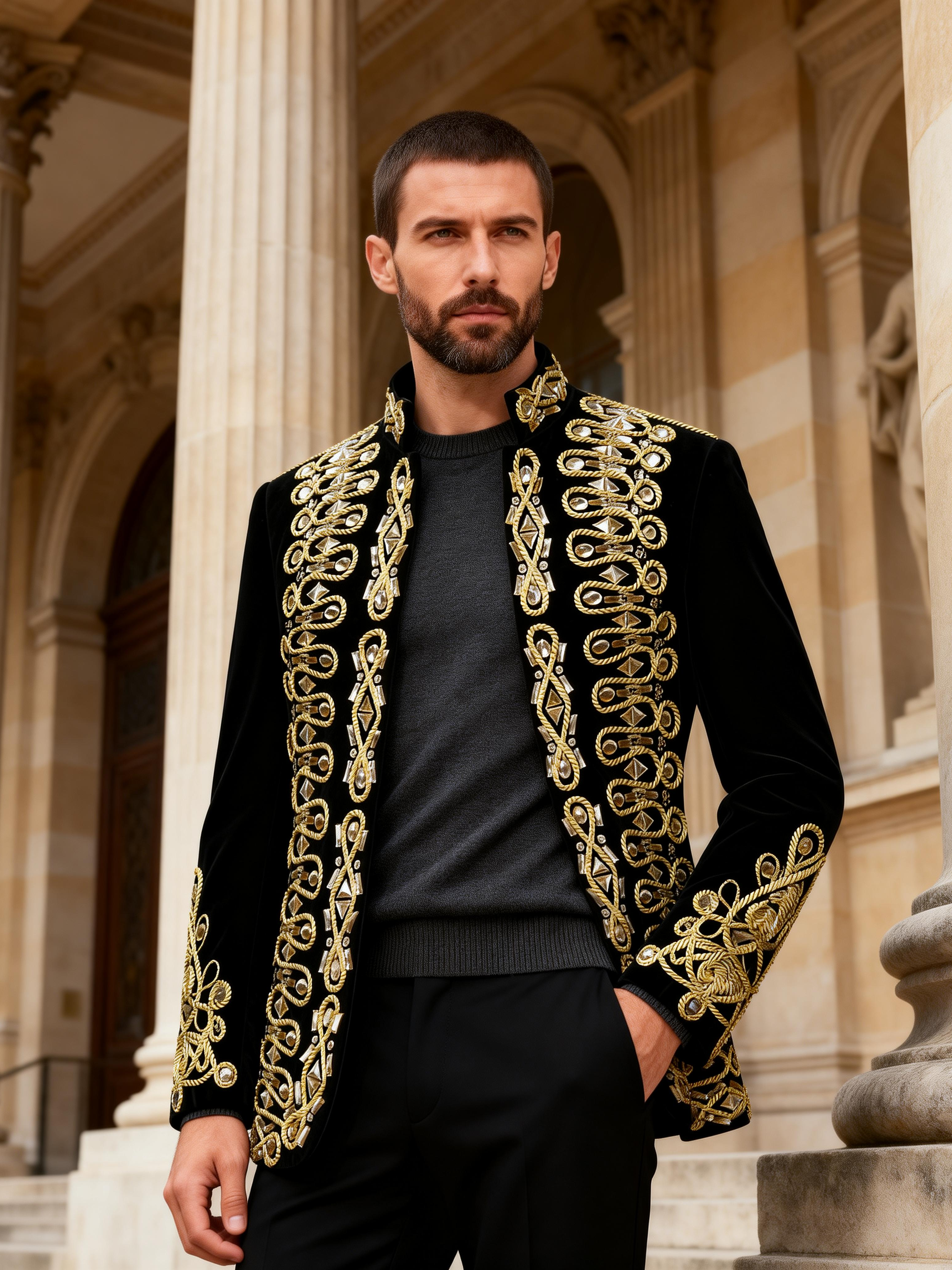 Men’s Luxury Black Velvet Military Jacket with Hand-Sewn Crystals & Gold Cord Trim