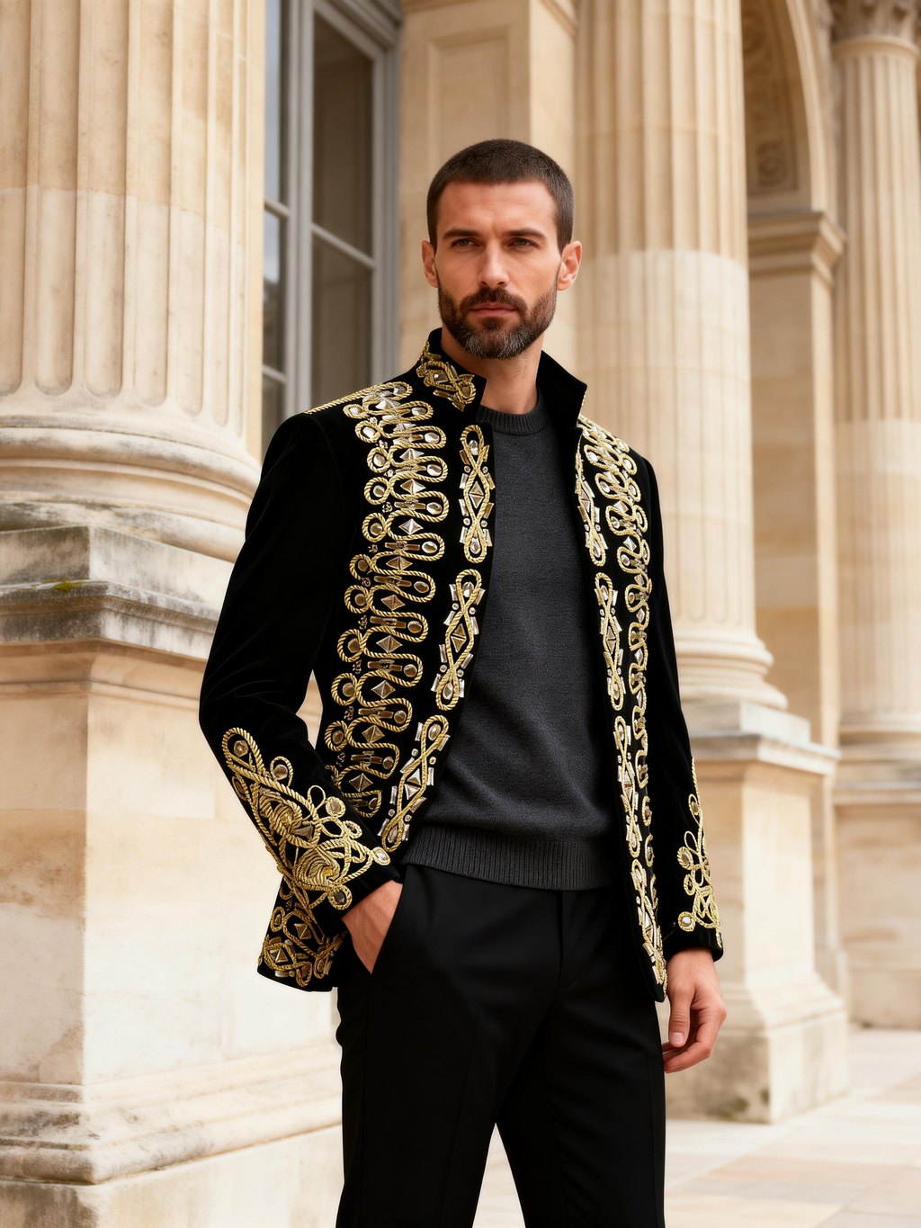 Men’s Luxury Black Velvet Military Jacket with Hand-Sewn Crystals & Gold Cord Trim