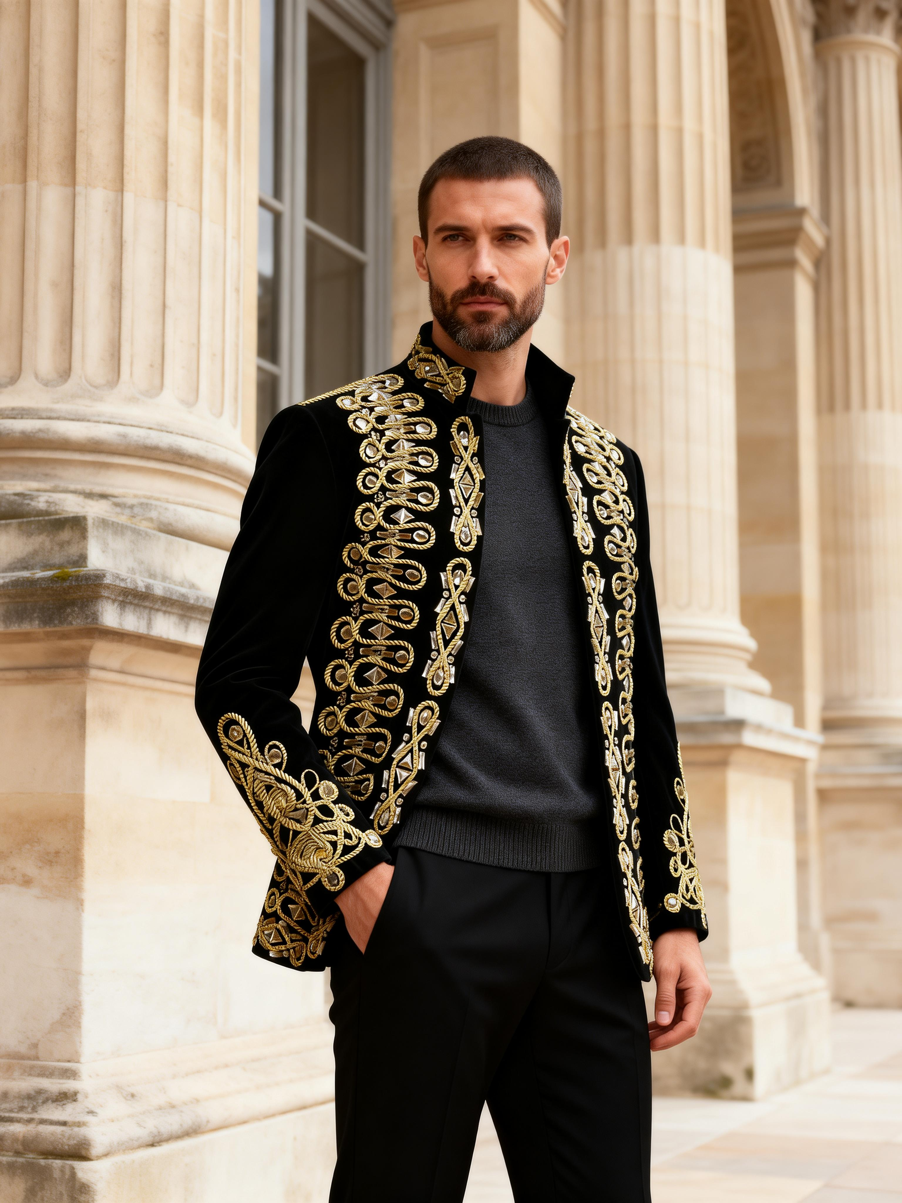 Men’s Luxury Black Velvet Military Jacket with Hand-Sewn Crystals & Gold Cord Trim