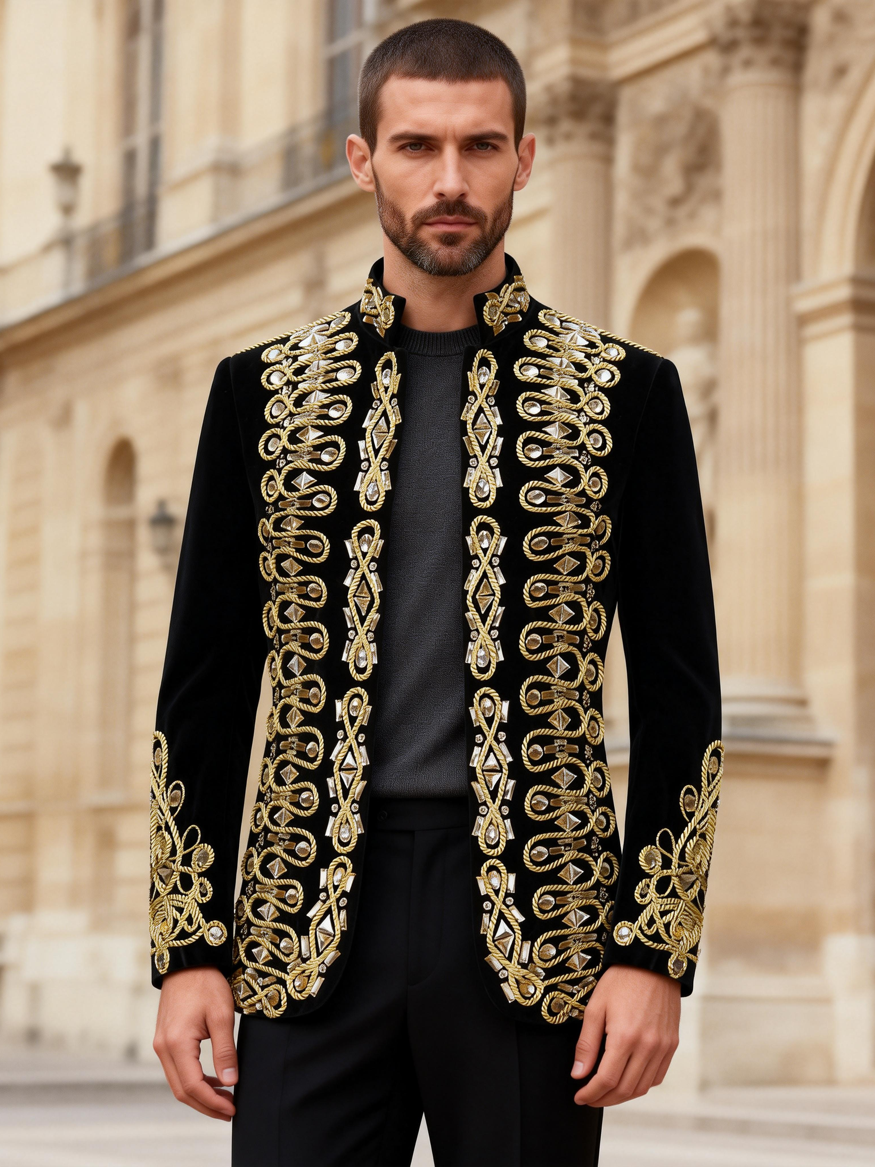 Men’s Luxury Black Velvet Military Jacket with Hand-Sewn Crystals & Gold Cord Trim